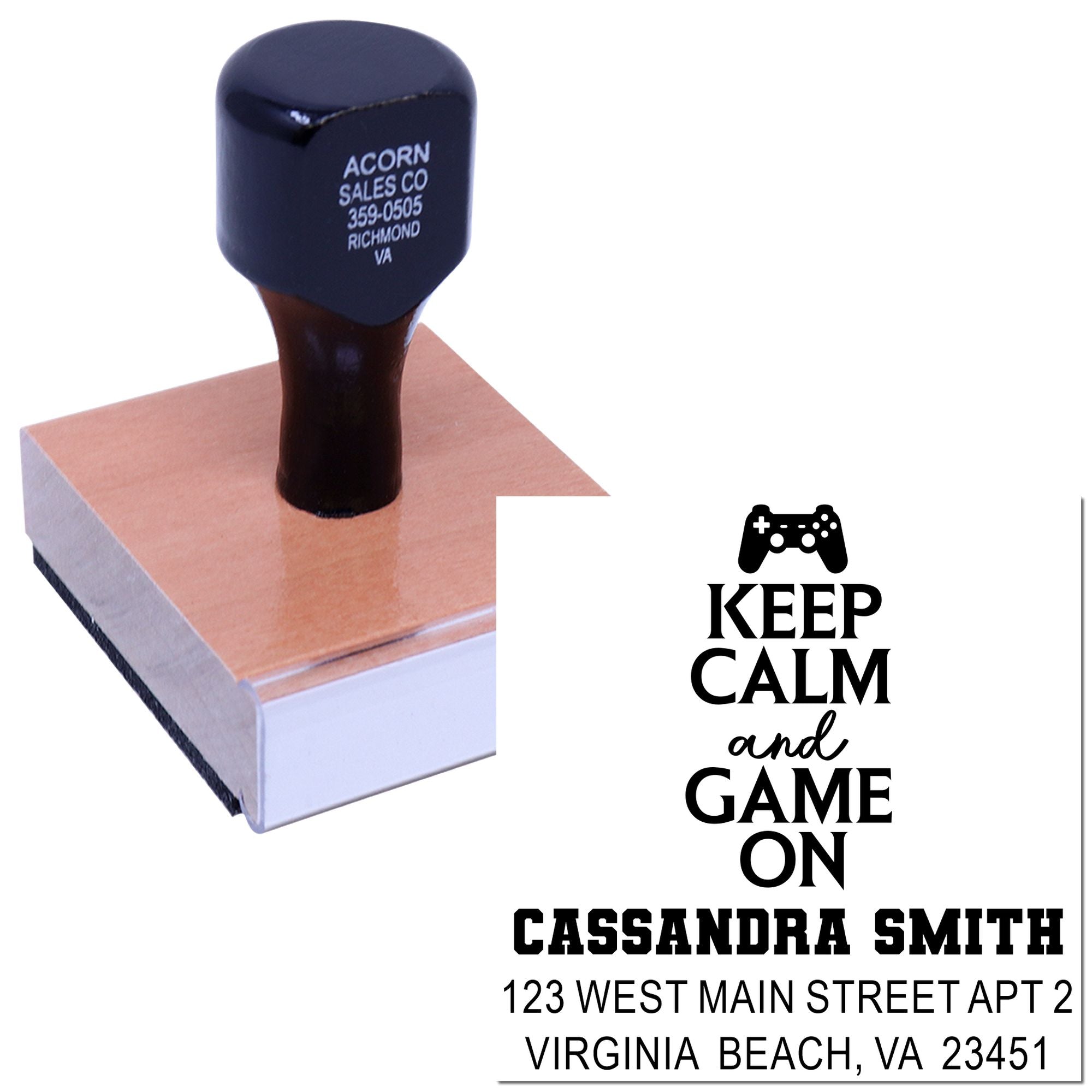 Custom rubber stamp for gamers with Keep Calm and Game On and personalized name and address.