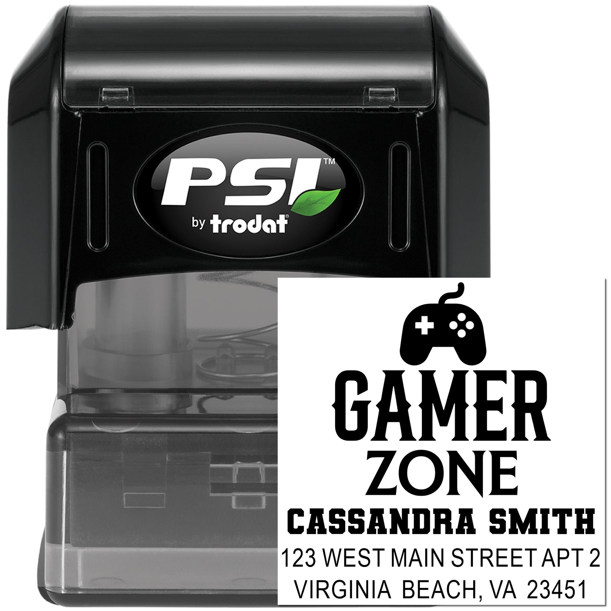 Custom Gamer Zone self-inking address rubber stamp by PSI Trodat with gamer logo, name, and mailing address for personalized labels.