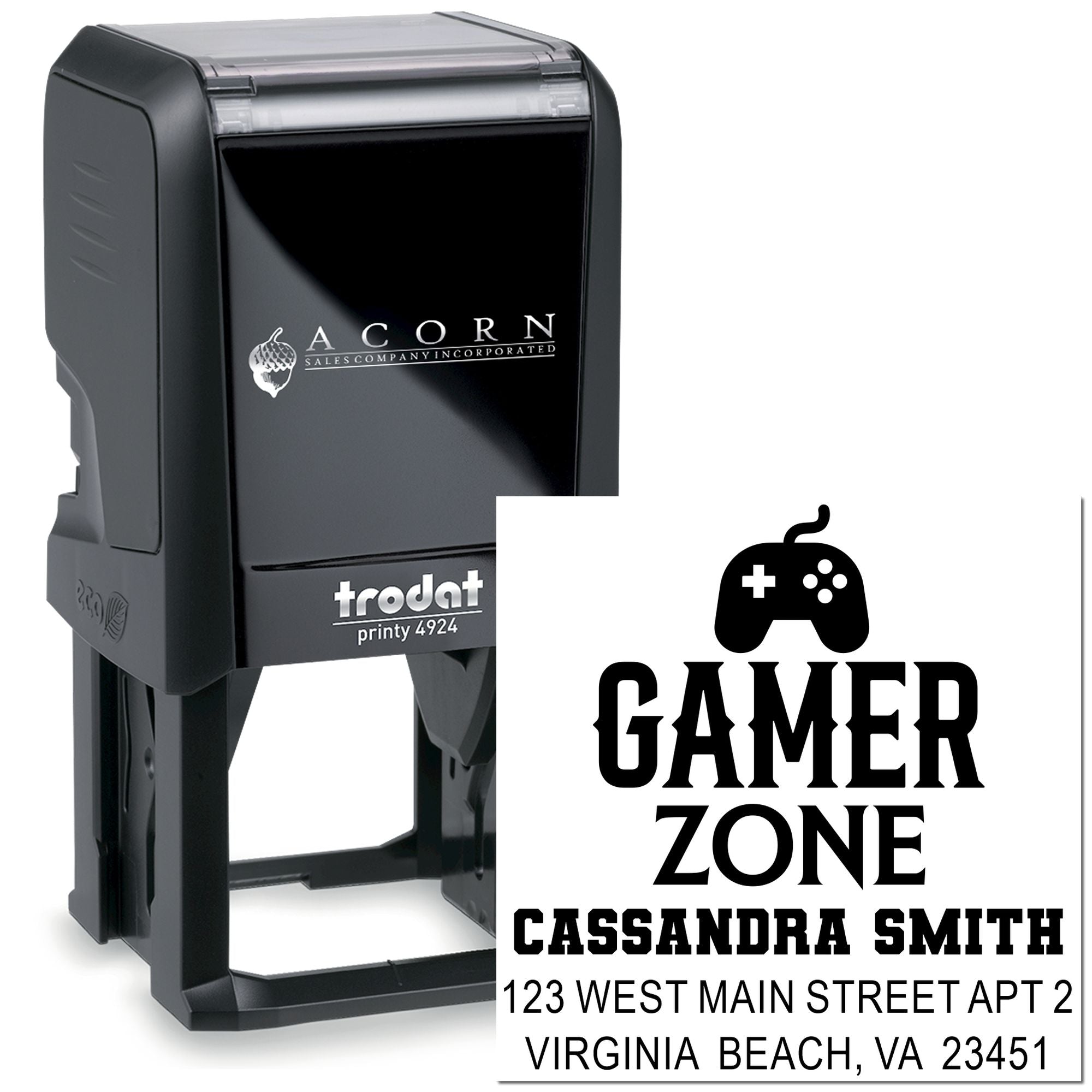 Trodat Printy 4924 custom Gamer Zone self-inking rubber stamp with personalized return address for gaming fans.