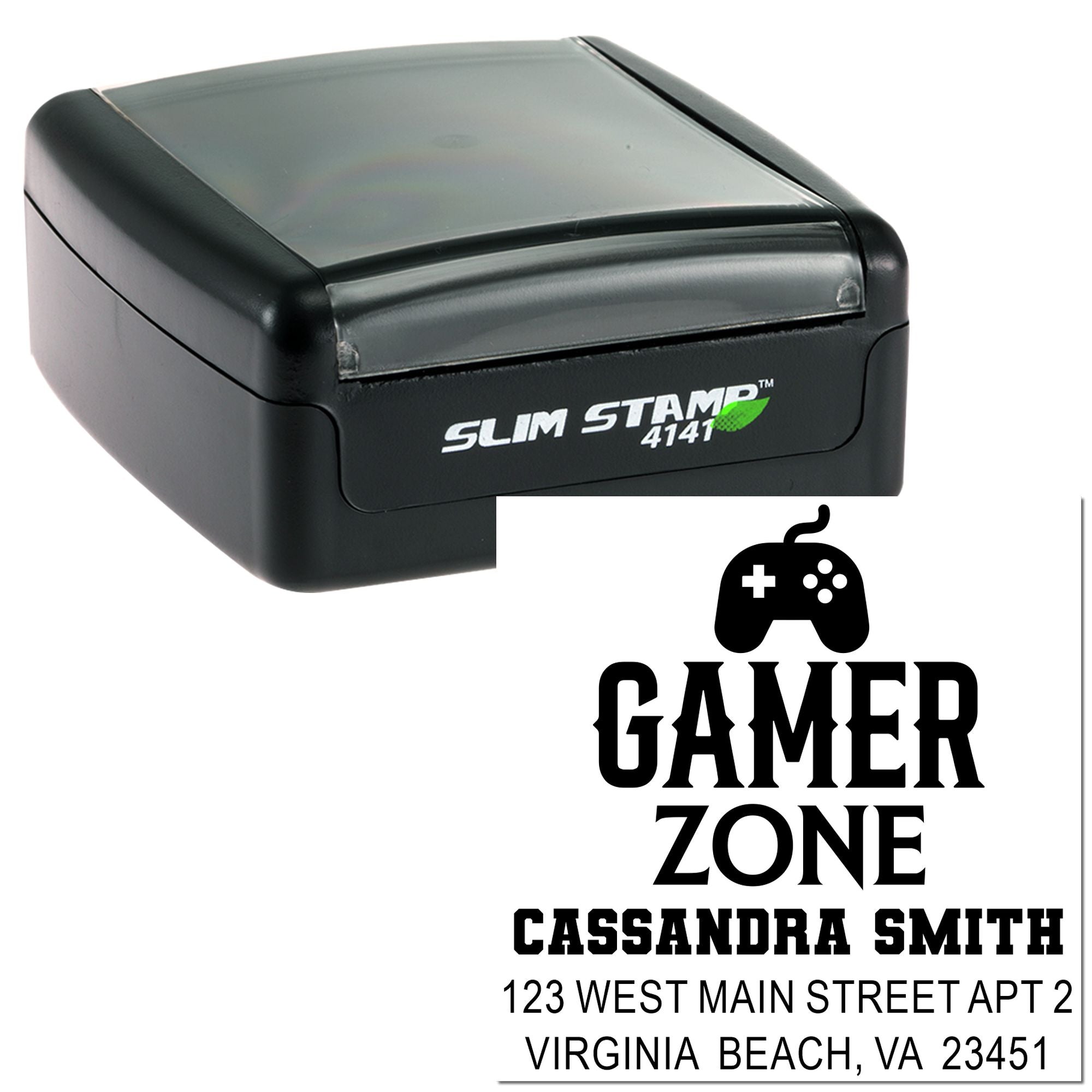 Custom Gamer Zone return address rubber stamp with self-inking Slim Stamp 4141.