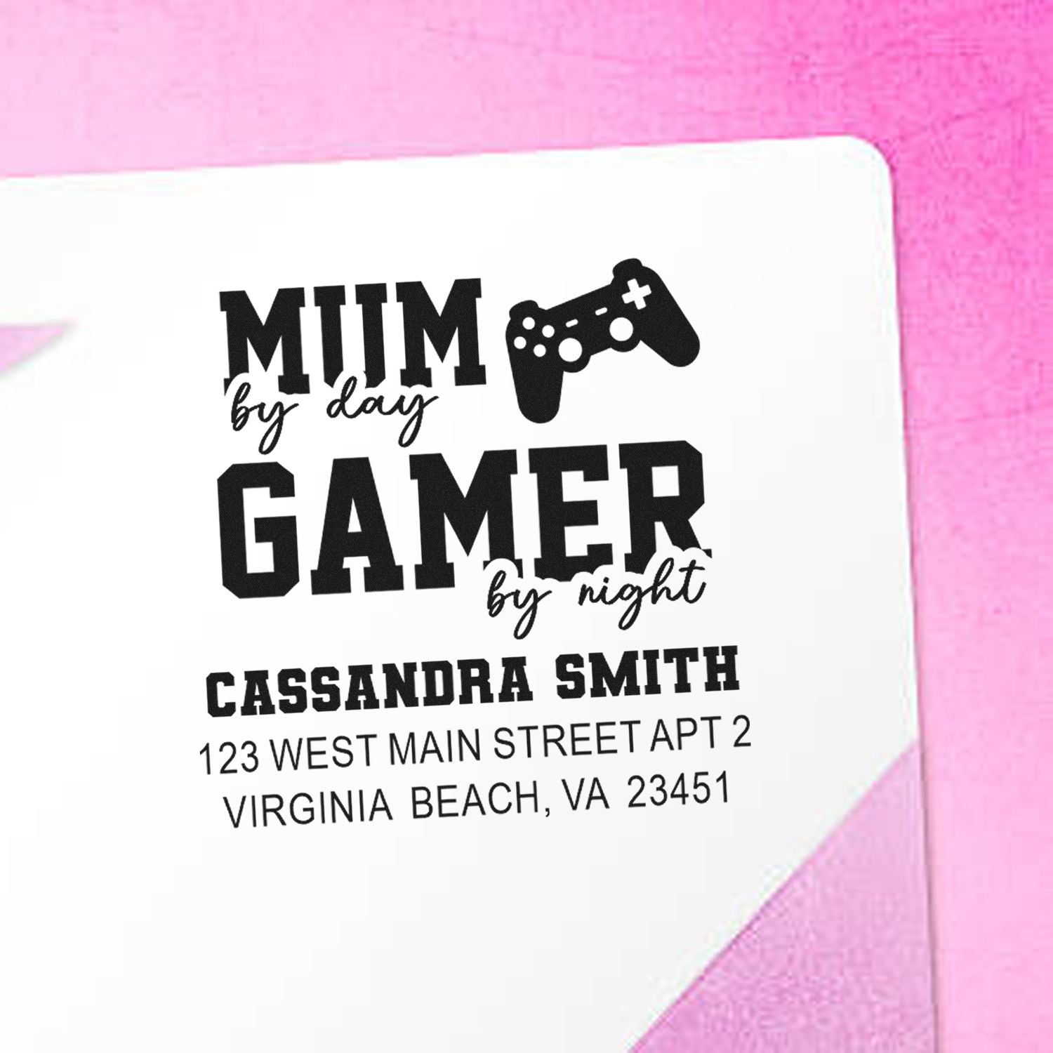 Custom gamer mom return address rubber stamp with controller icon, name, and Virginia Beach, VA address