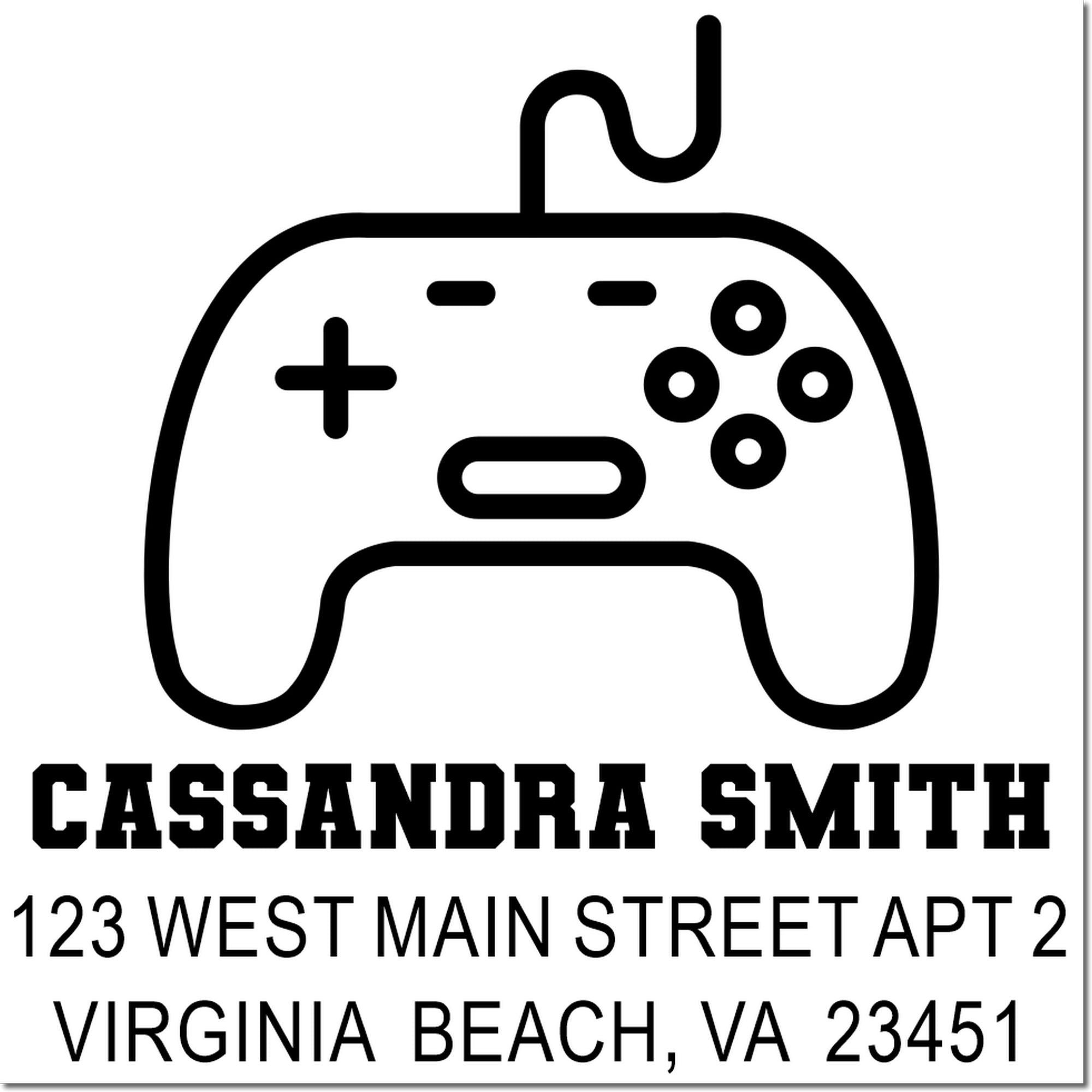 Custom rubber return address stamp for Cassandria Smith, 123 West Main Street Apt 2, Virginia Beach, VA 23451, with game controller icon.