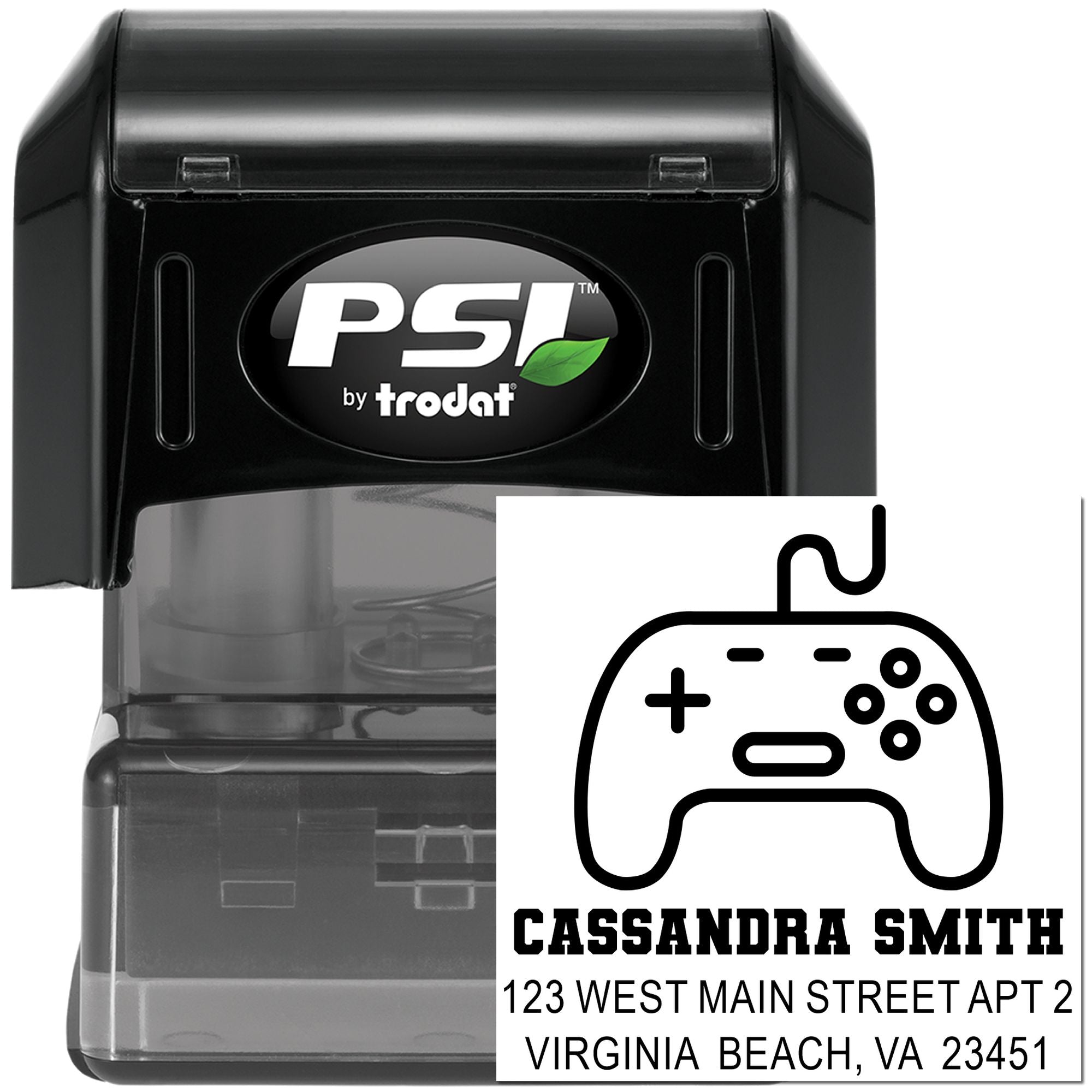 Custom self-inking rubber stamp with game controller icon and address, PSI by Trodat gamer return address stamp