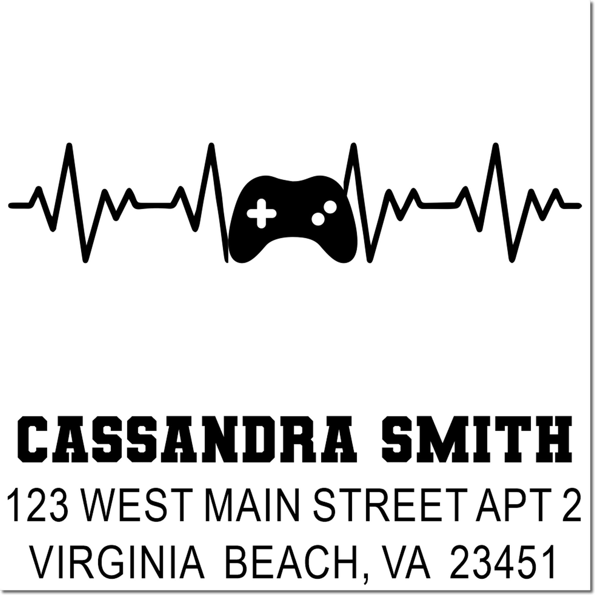Custom gamer return address rubber stamp with heartbeat controller design, Cassandra Smith, Virginia Beach, VA 23451.