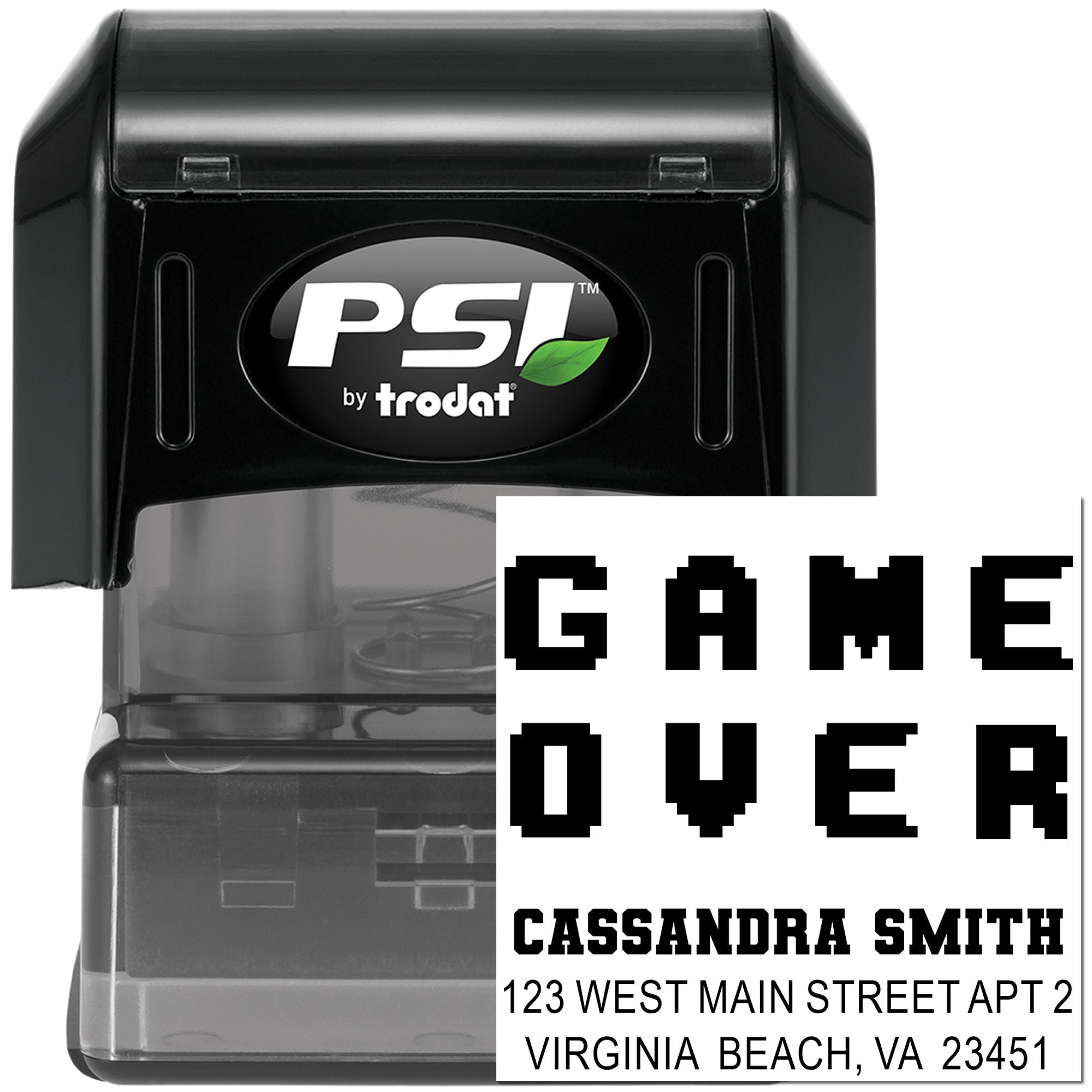 PSI by Trodat self-inking rubber stamp with custom Game Over imprint, ideal for game-themed crafts and office marking.