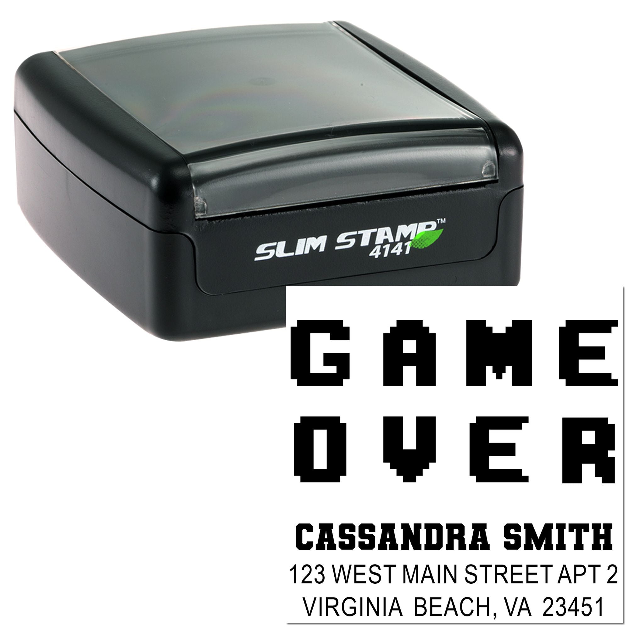 Slim self-inking rubber stamp showing a custom Game Over return address imprint for personalized mail.