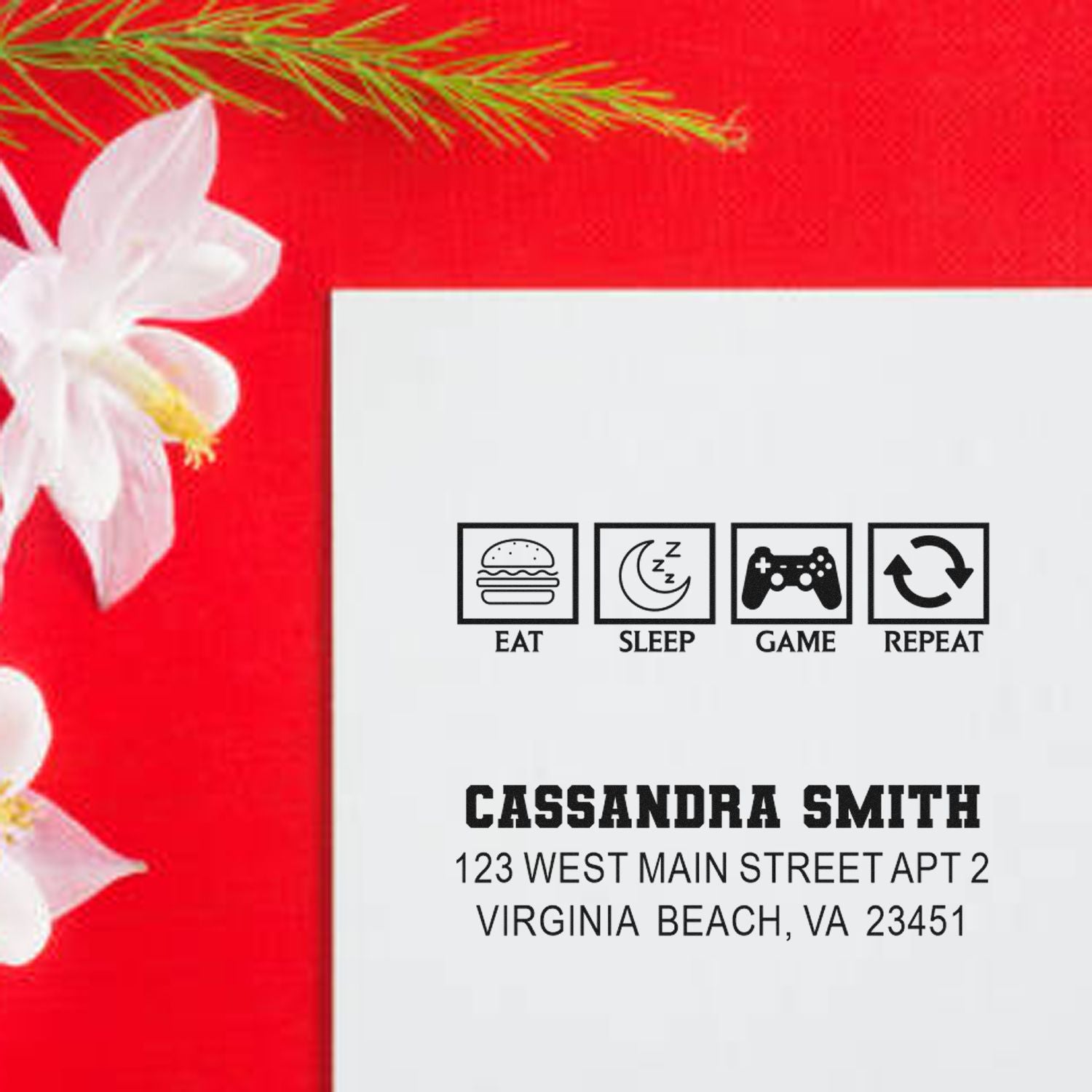 Personalized rubber address stamp with Eat Sleep Game Repeat icons and Virginia Beach mailing address.