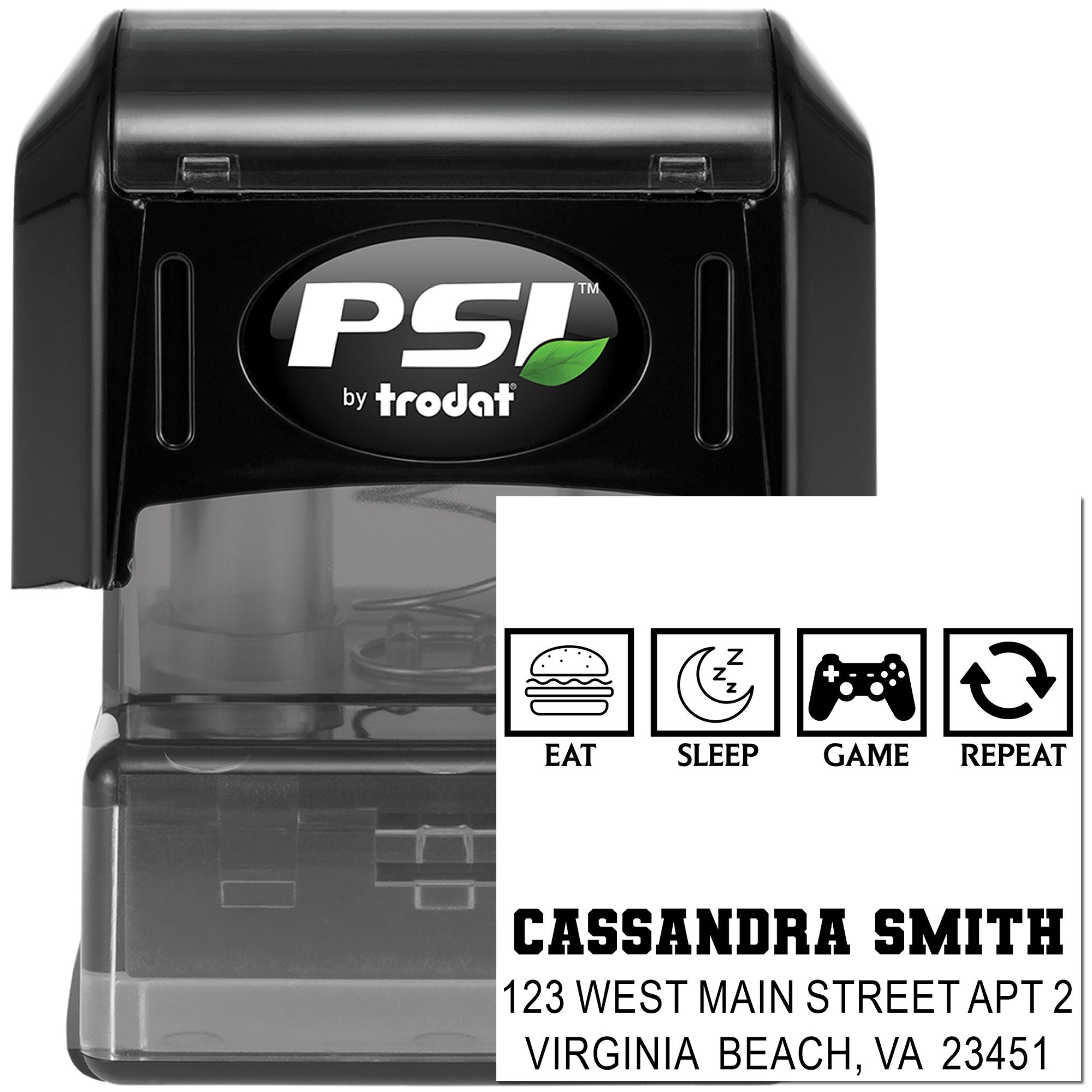 Custom self-inking rubber stamp with Eat Sleep Game Repeat design and personalized address block for Cassandra Smith.