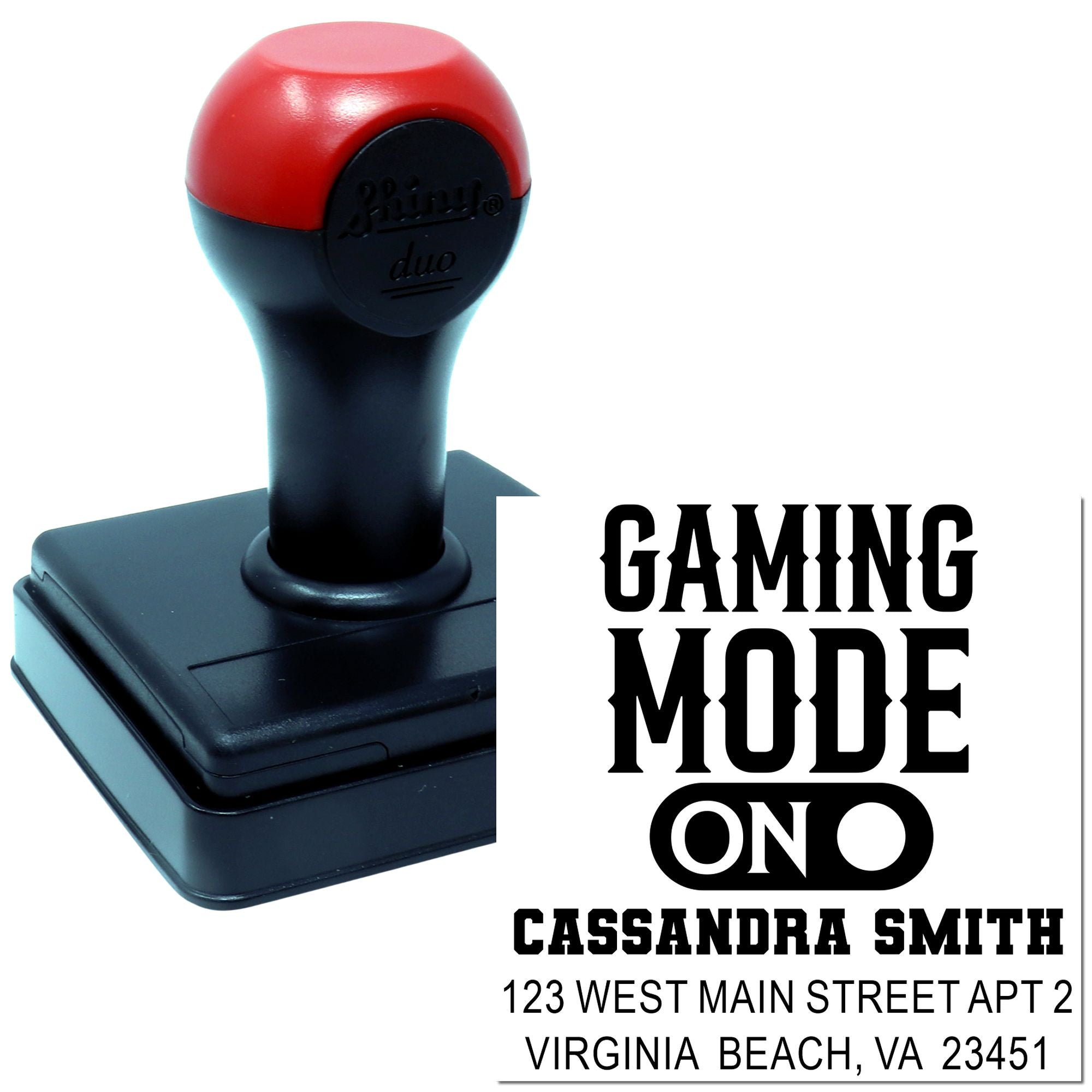 Custom self-inking rubber stamp for gamer returns with Gaming Mode On and personalized name/address imprint.