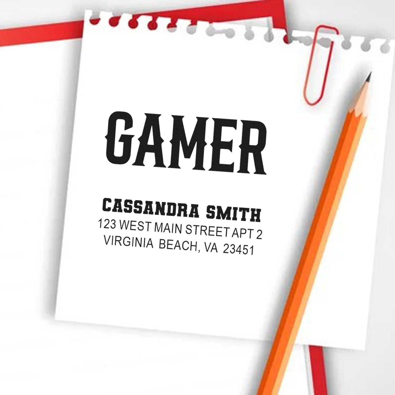 Custom gamer address rubber stamp for Cassandra Smith, Virginia Beach, VA 23451, ideal for personal mail.