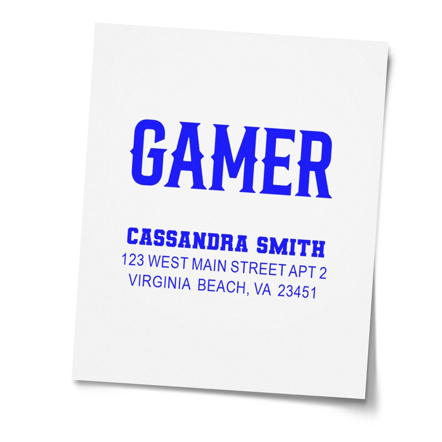 Personalized gamer return address rubber stamp with name and address in blue ink