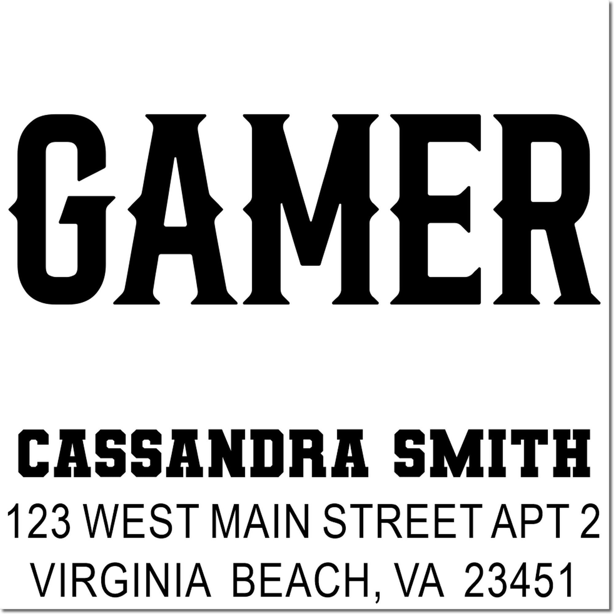 Personalized gamer return address rubber stamp with Cassandra Smith, Virginia Beach, VA address.