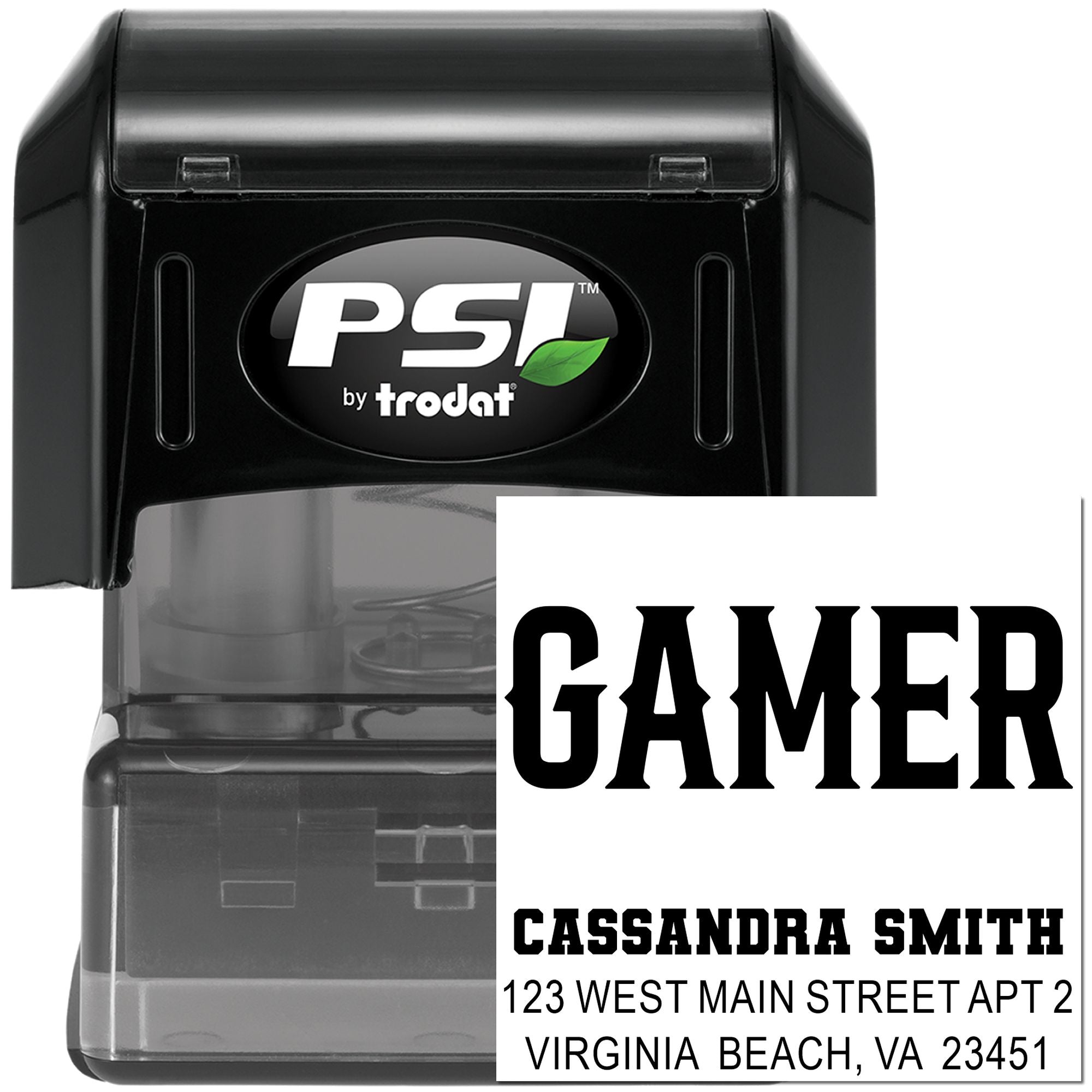 Custom self-inking gamer address stamp by PSI Trodat with personalized name and return address.