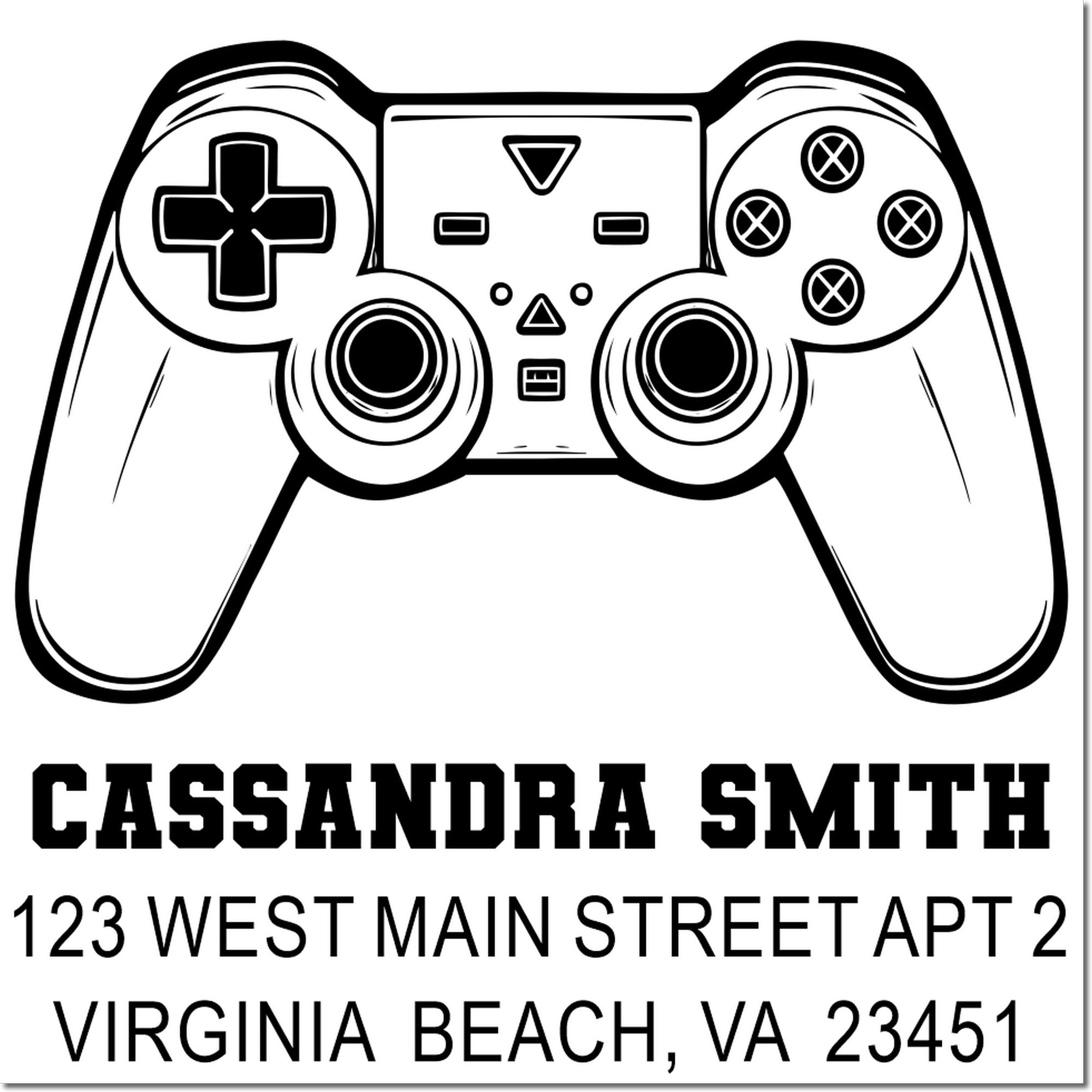 Personalized return address rubber stamp with game controller icon for Cassandra Smith, Virginia Beach, VA 23451