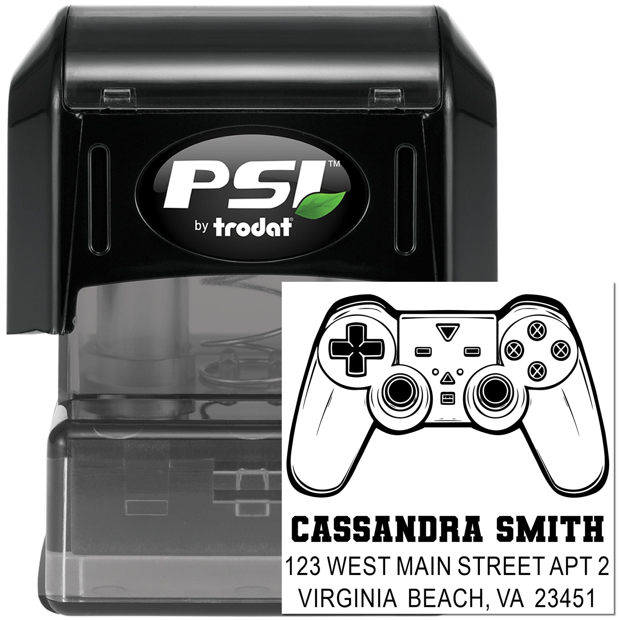 Custom self-inking address rubber stamp with gamer controller design, PSI by Trodat, for personalized mailing.