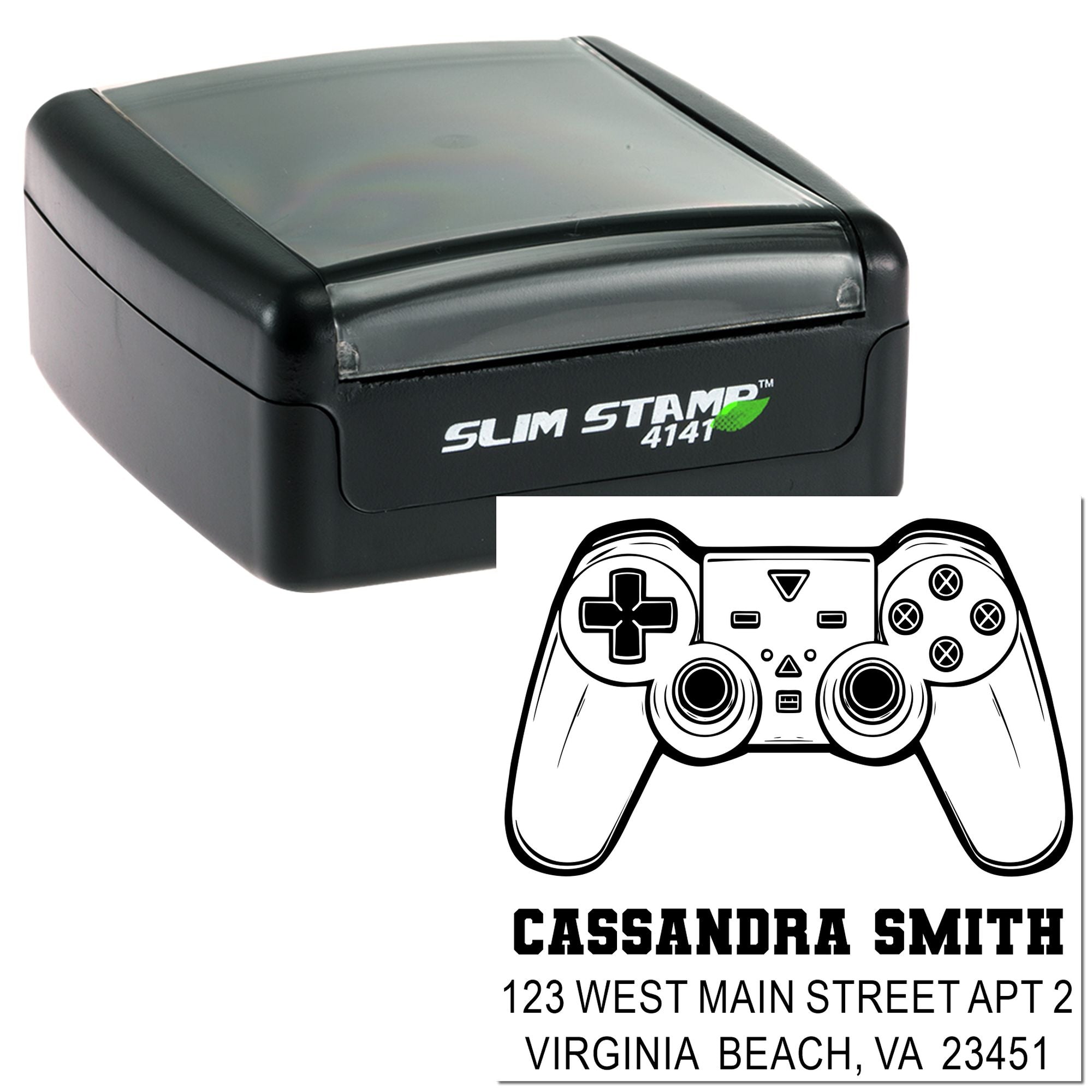 Personalized rubber address stamp with game controller design for Cassandra Smith, Virginia Beach, VA.