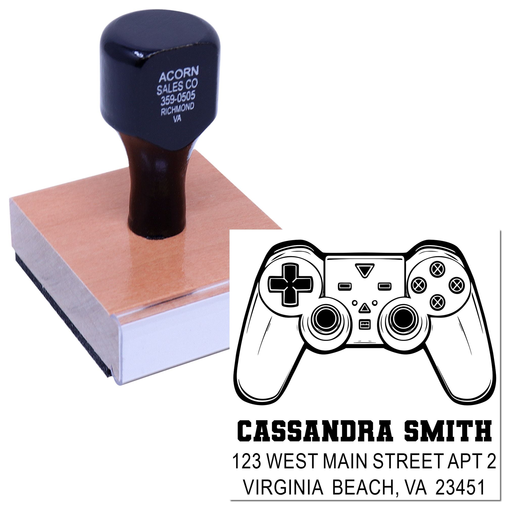 Custom return address rubber stamp with gamer controller design for Cassandra Smith, Virginia Beach, VA.