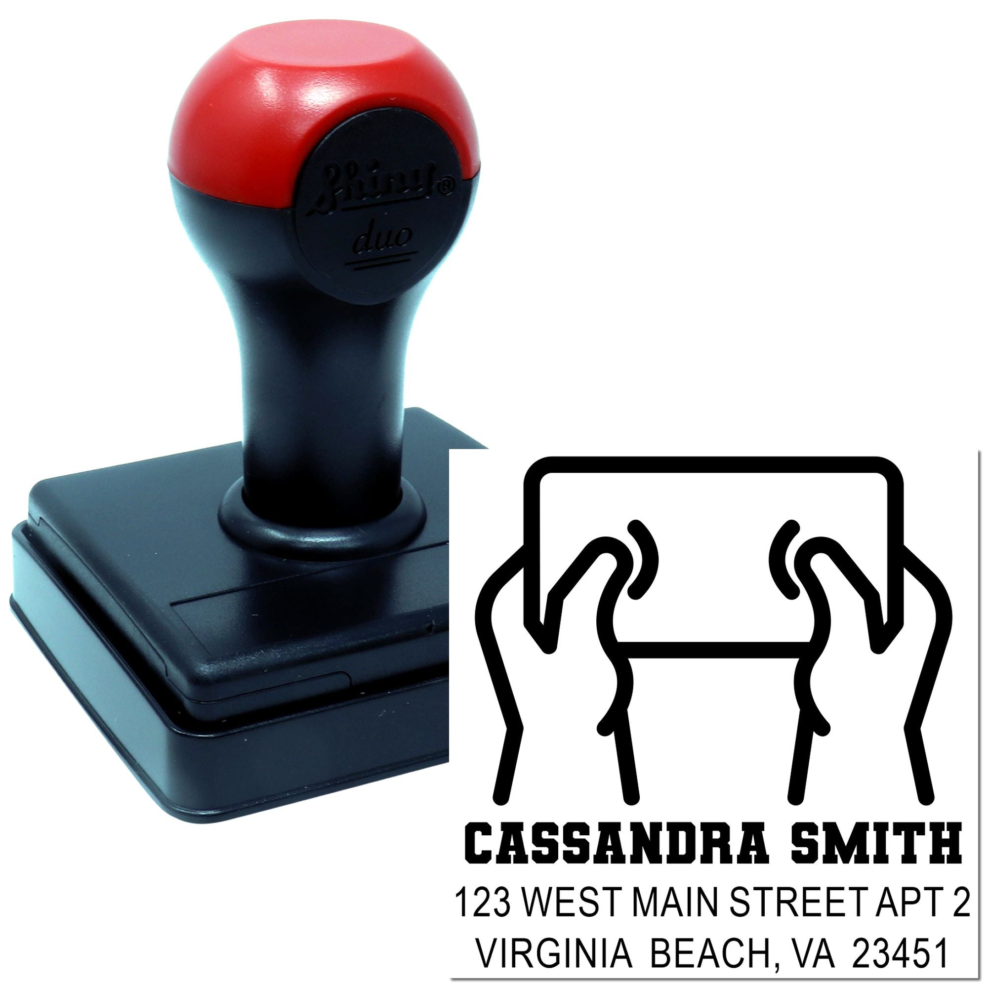 Custom self-inking rubber address stamp with moving notice icon and personalized return address for mailings.