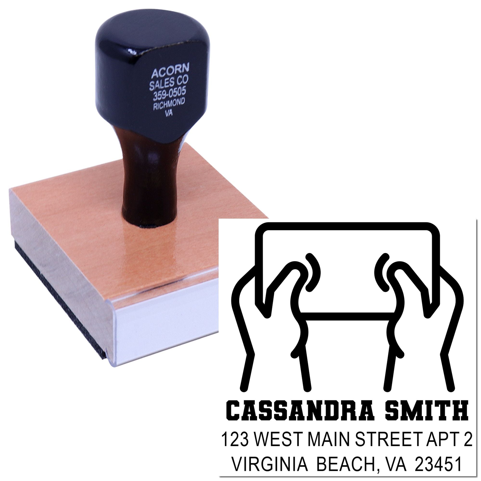 Custom return address rubber stamp with name and Virginia Beach address for mailing and business use.