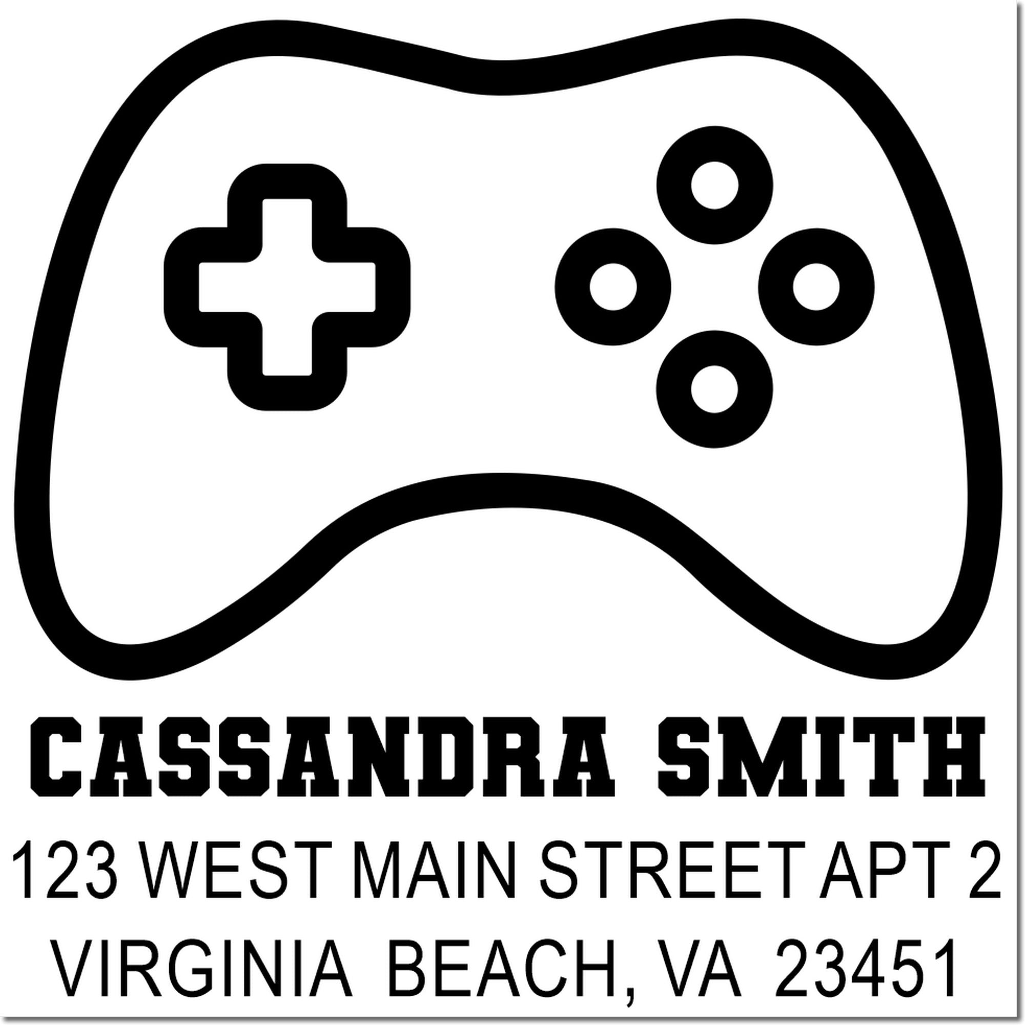 Custom game controller return address rubber stamp for Cassandra Smith, Virginia Beach, VA 23451.