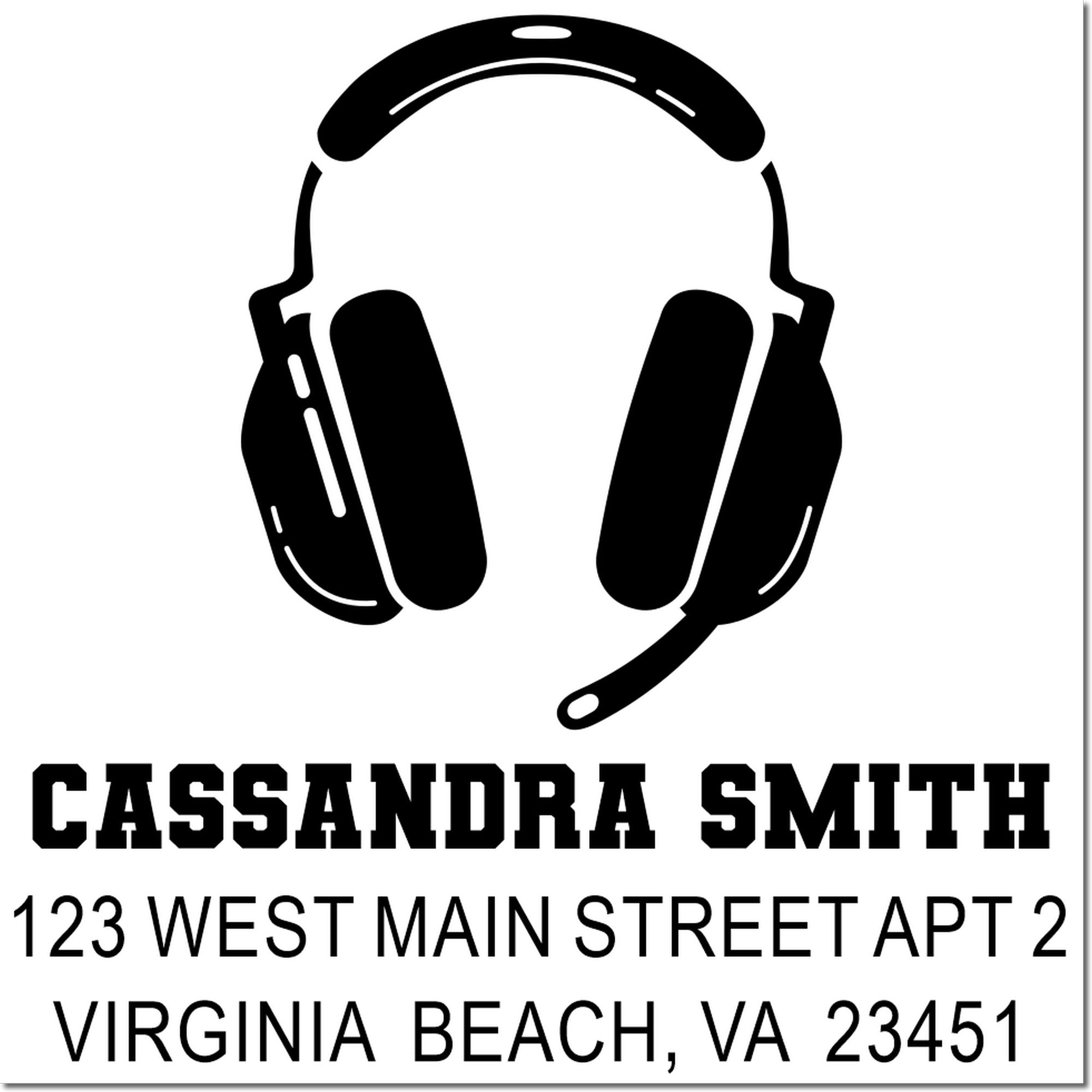 Custom return address rubber stamp for Cassandra Smith, Virginia Beach VA, with headset logo for business branding.
