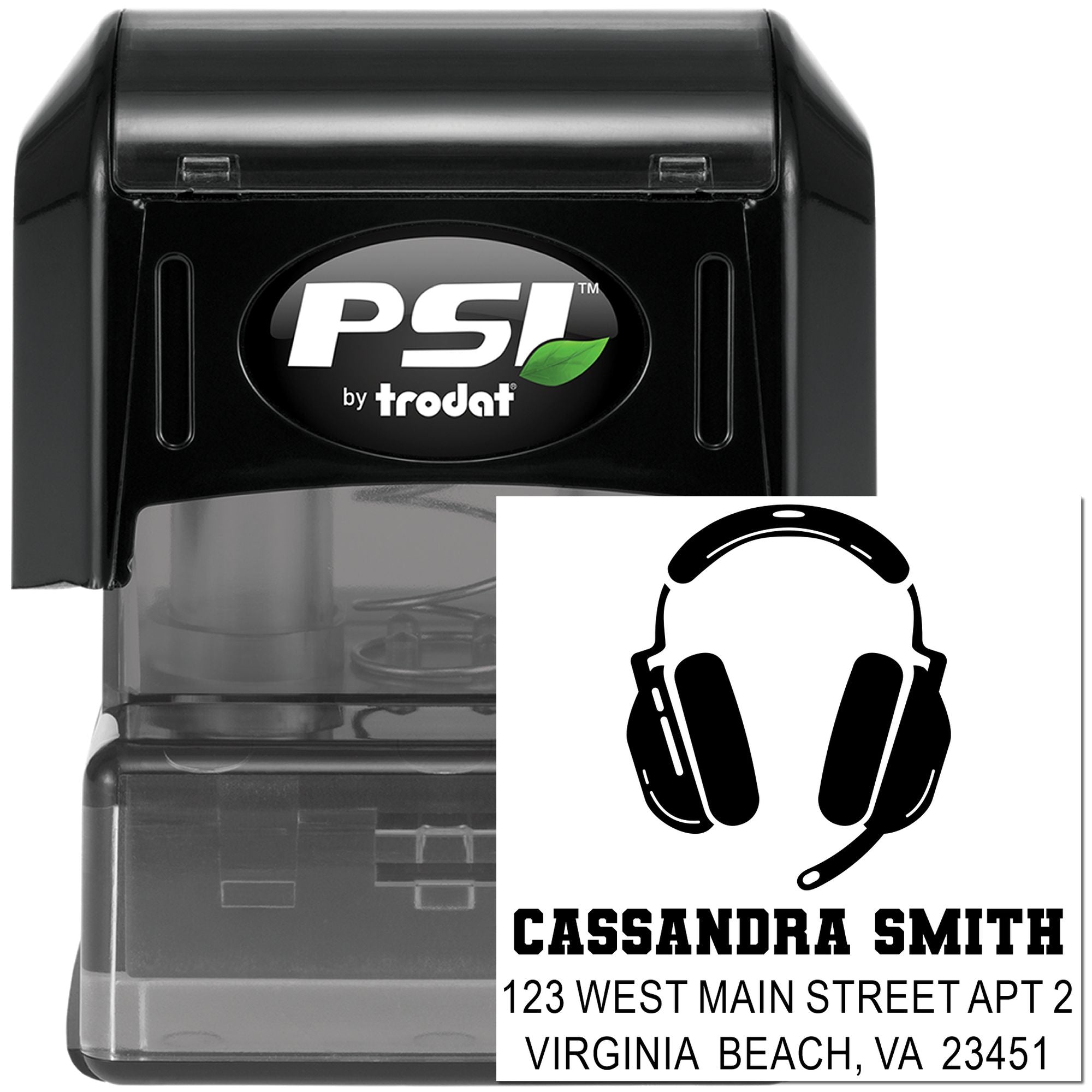 Custom self-inking address rubber stamp by PSI Trodat with headset logo, name, and business return address