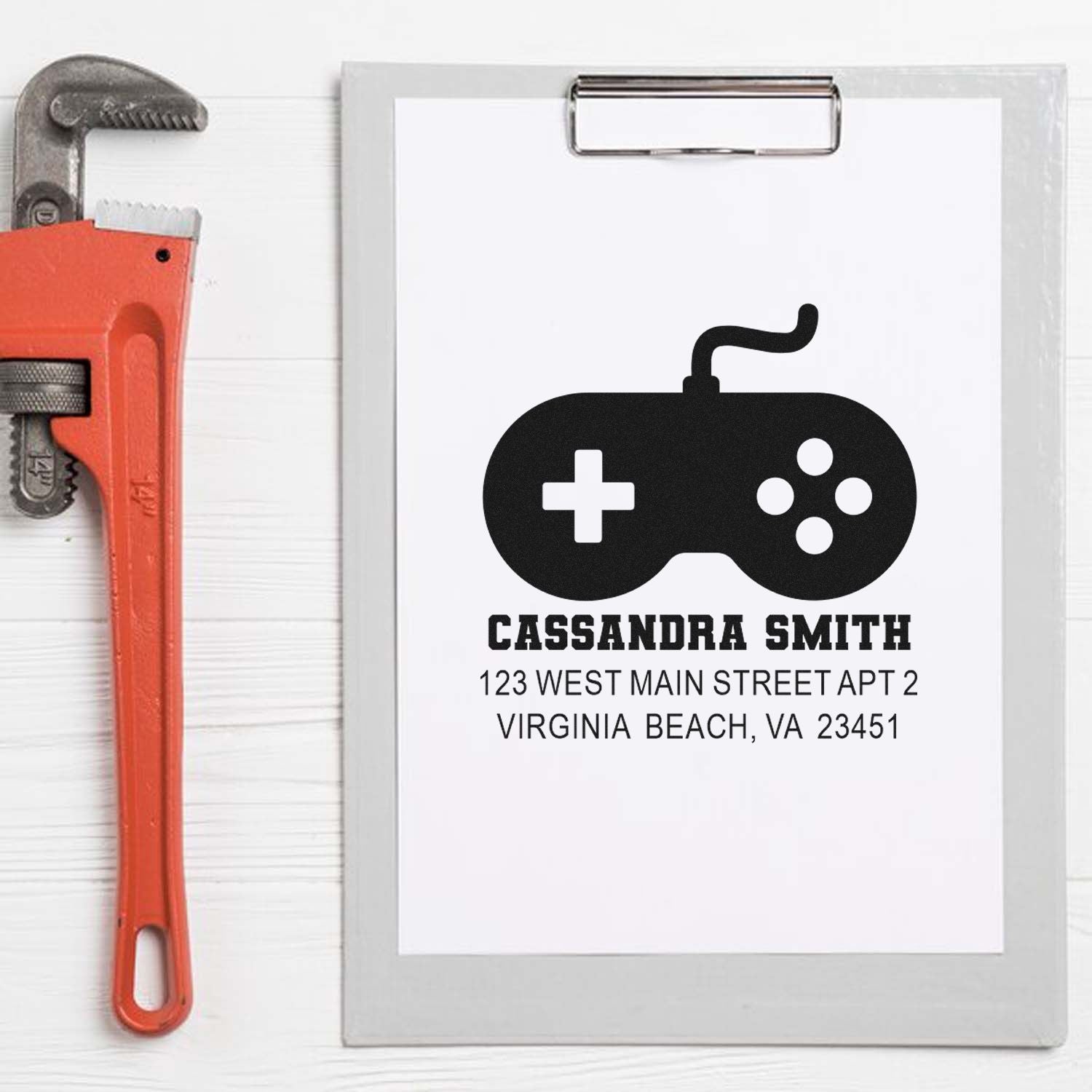 Custom gaming address rubber stamp with controller icon for Cassandra Smith, Virginia Beach, VA