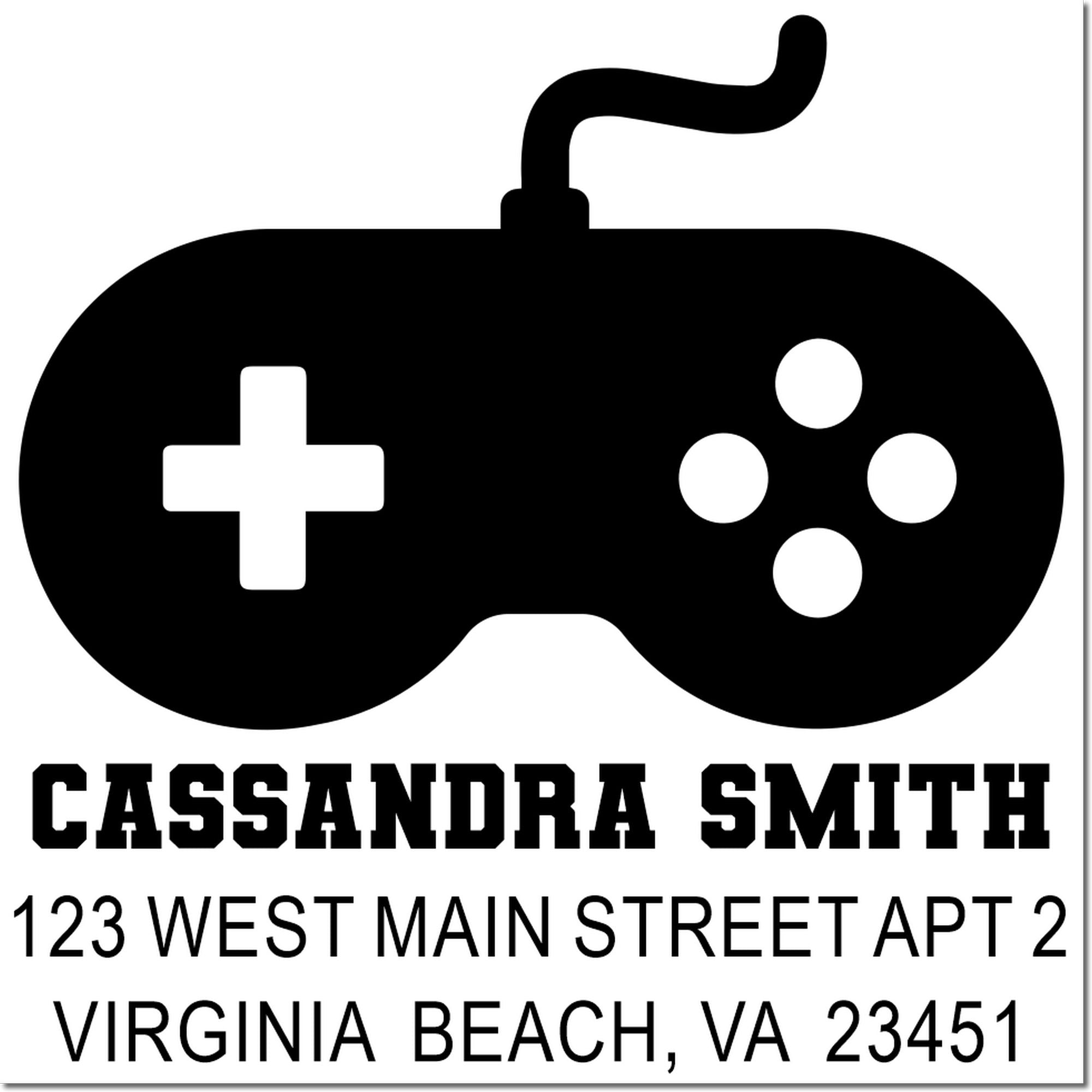 Custom rubber stamp with game controller icon, name, and return address for Cassandra Smith in Virginia Beach, VA.