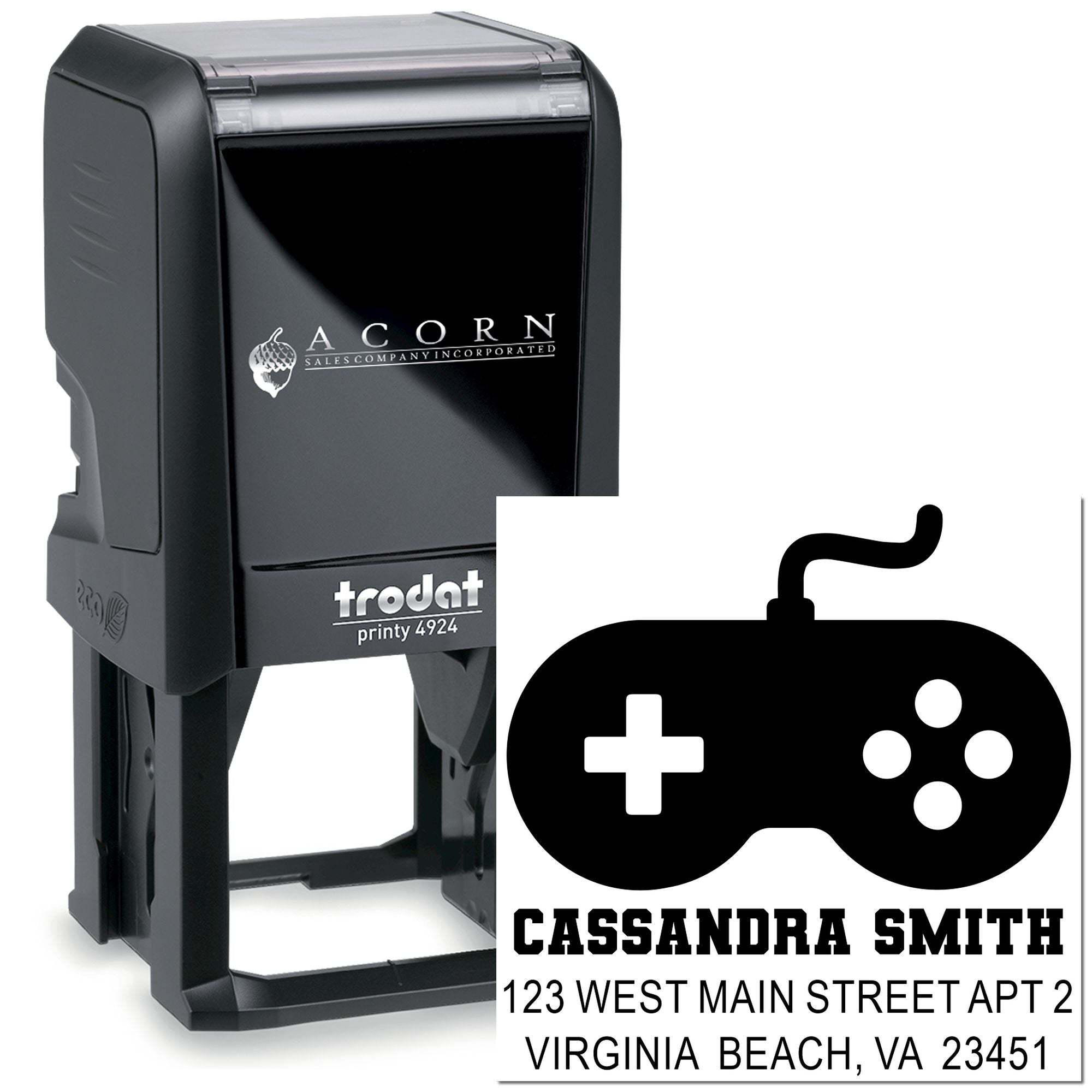 Custom Trodat Printy 4924 self-inking rubber stamp with gamer controller logo and return address for Cassandra Smith.