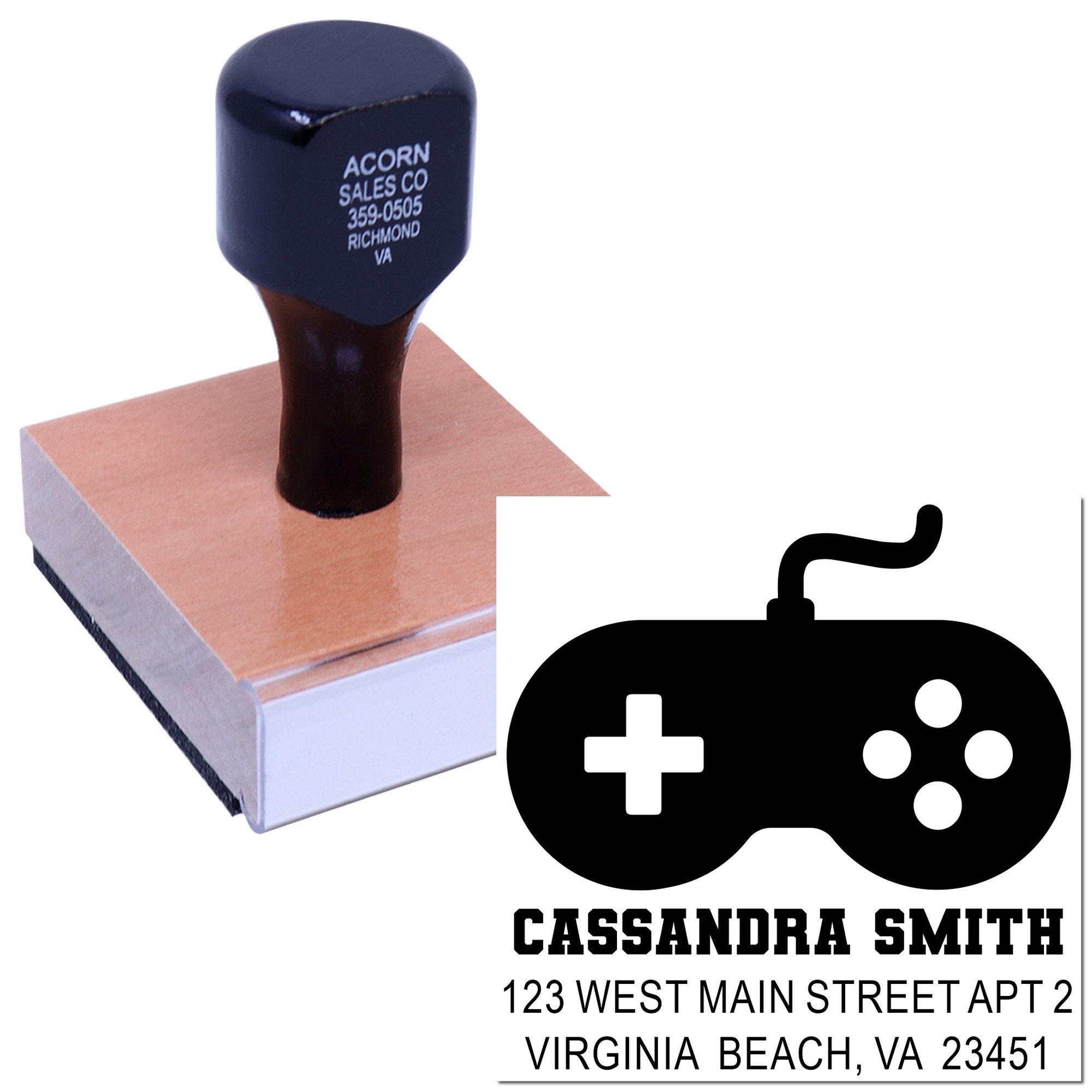 Custom address rubber stamp with gamer controller logo for personalized mailing and return address use