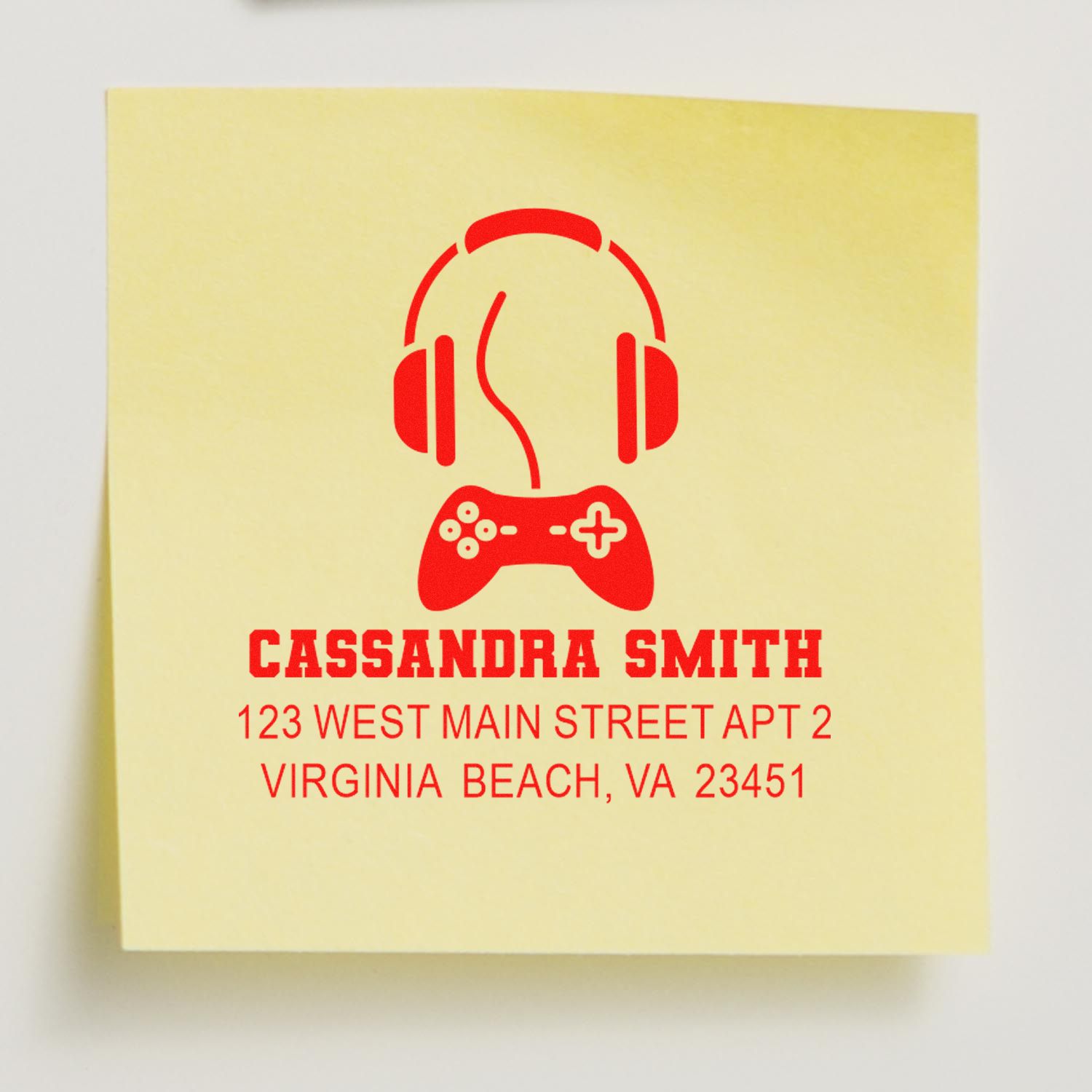 Custom rubber address stamp with gaming headset logo for Cassandra Smith, Virginia Beach, VA
