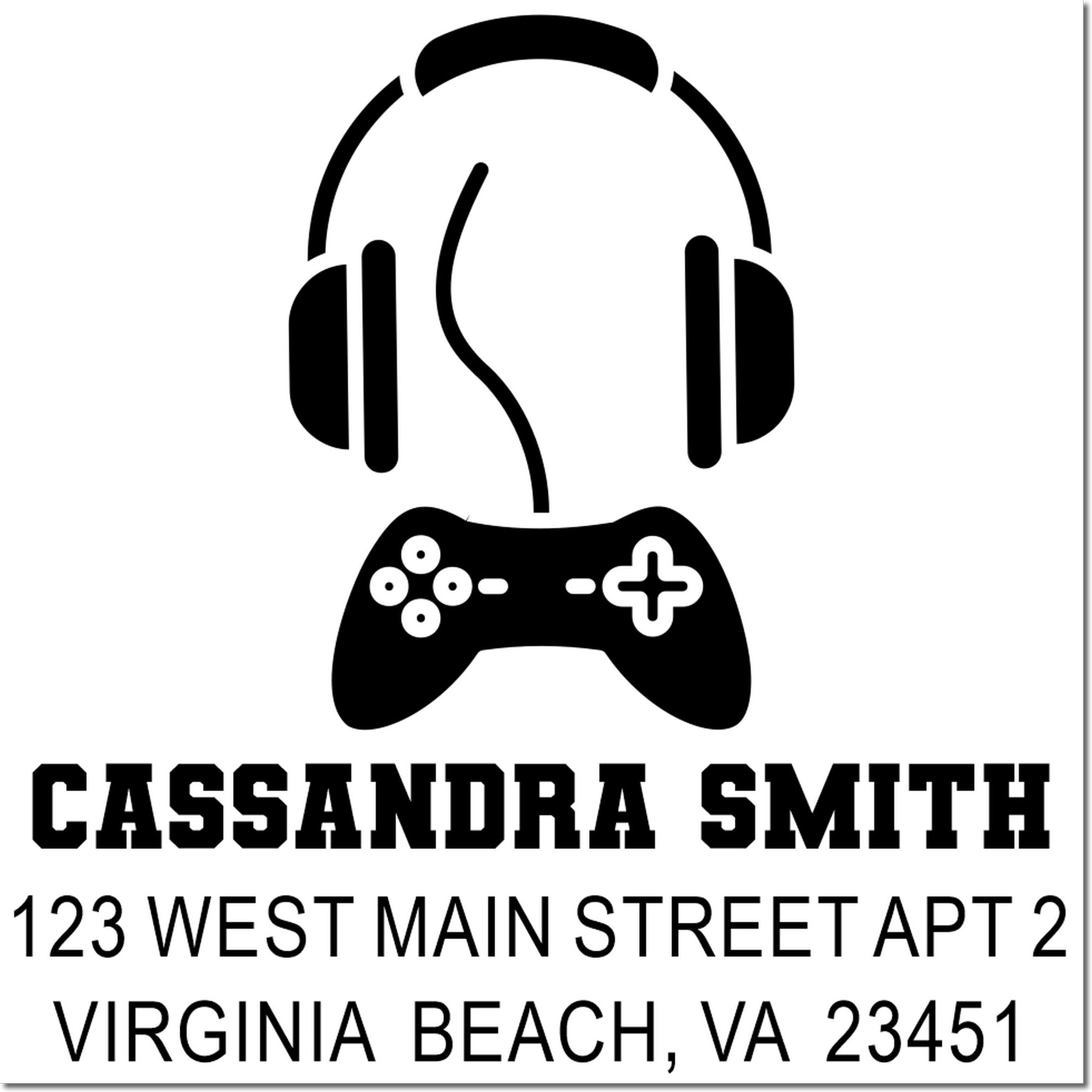 Custom rubber stamp design with gamer headset logo, Cassandra Smith name, and Virginia Beach address for personal mailing use.