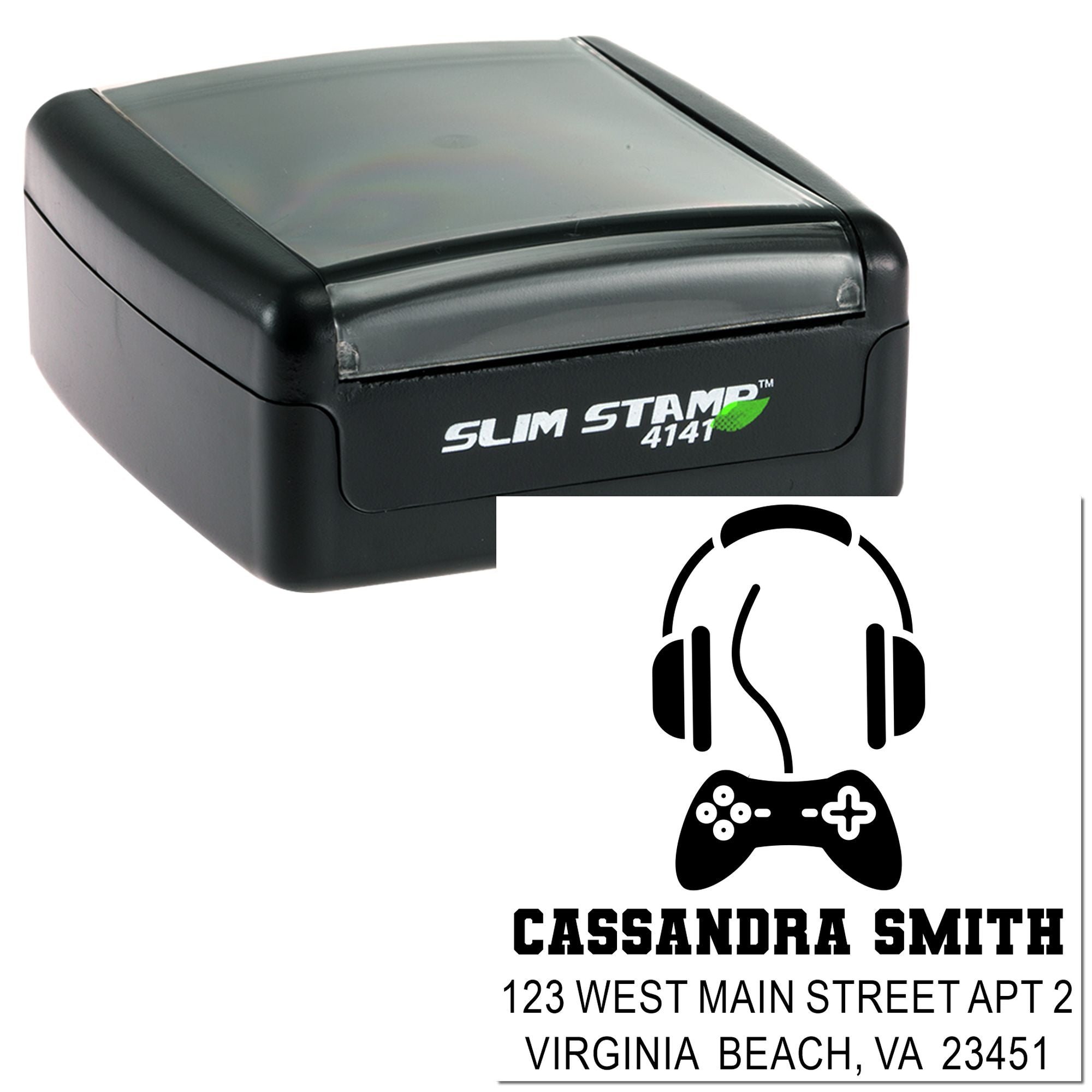Slim Stamp self-inking rubber stamp showing a custom gamer logo and return address for personalized mailing.