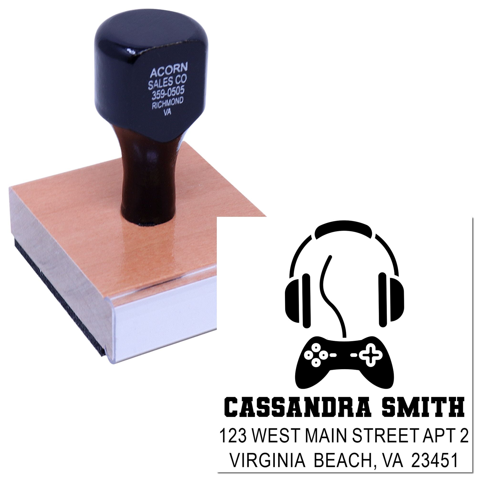 Personalized rubber address stamp with gamer headset logo, name, and address for custom mailing and branding.