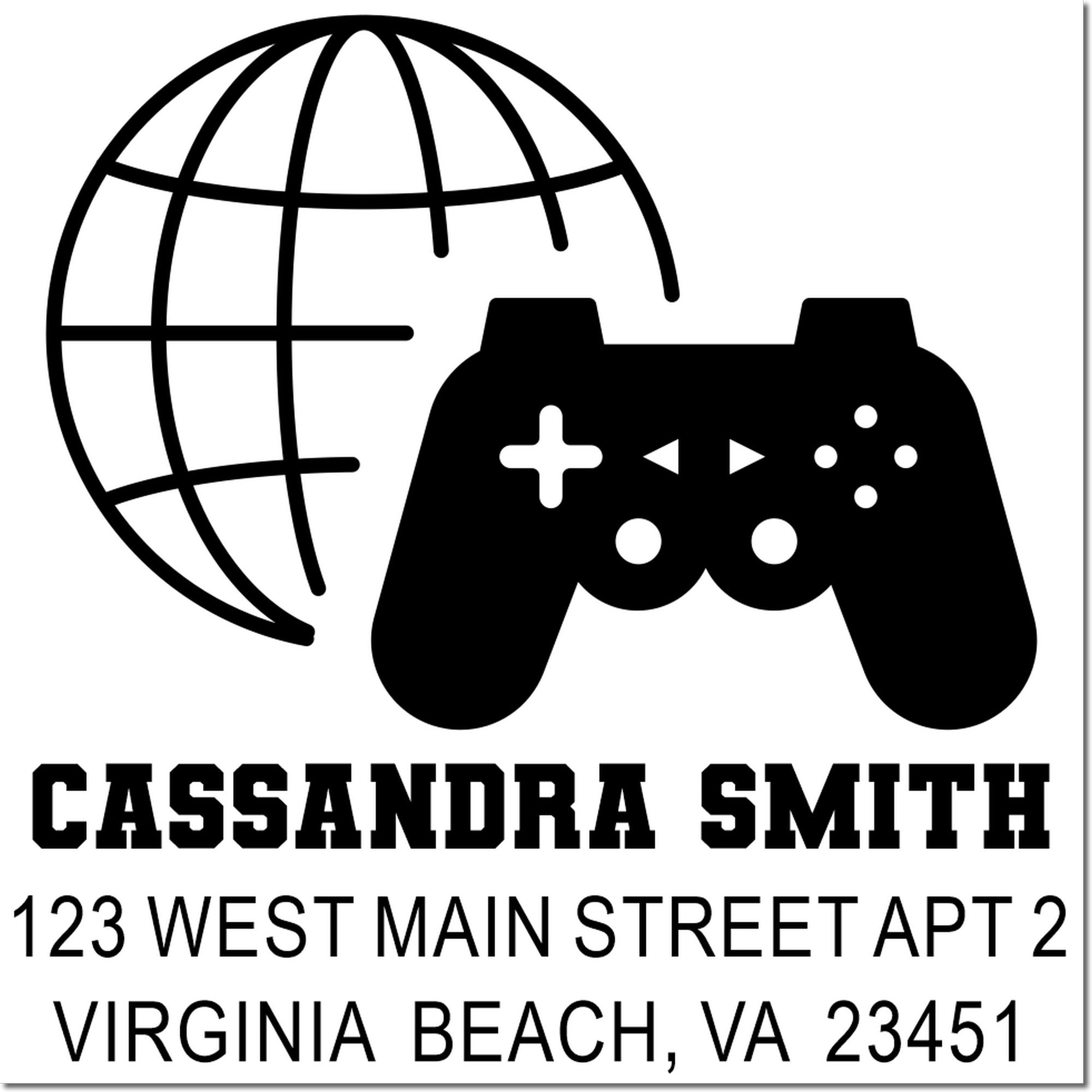Custom rubber stamp design for Cassandra Smith, featuring globe and game controller logo with Virginia Beach, VA address.