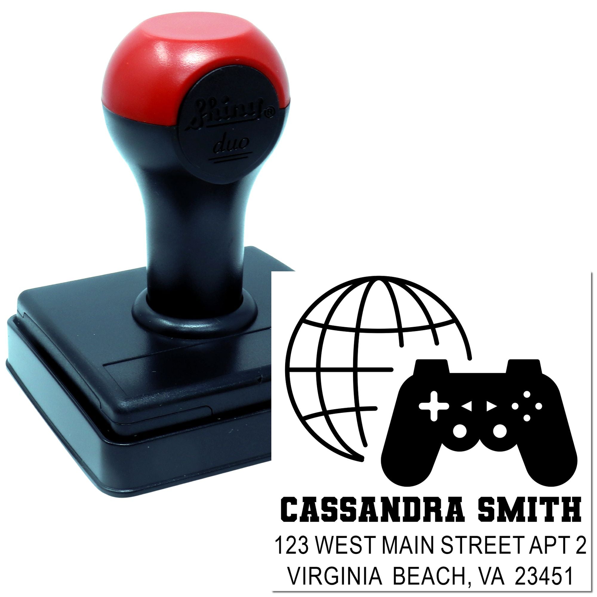 Custom self-inking rubber return address stamp with gamer globe logo, name, and Virginia Beach address.