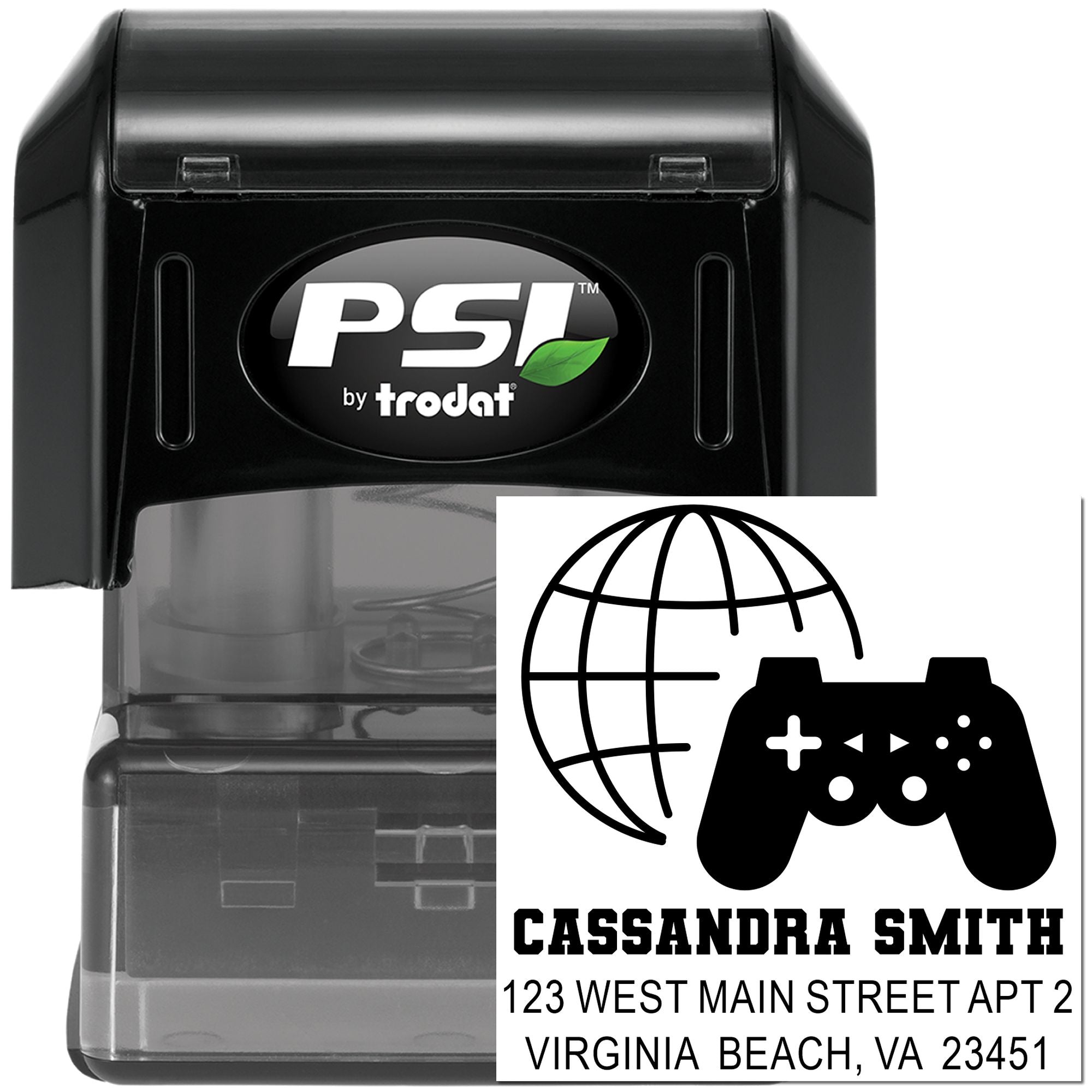 Custom gamer address rubber stamp with PSI by Trodat self-inking stamper, personalized name and Virginia Beach mailing details.