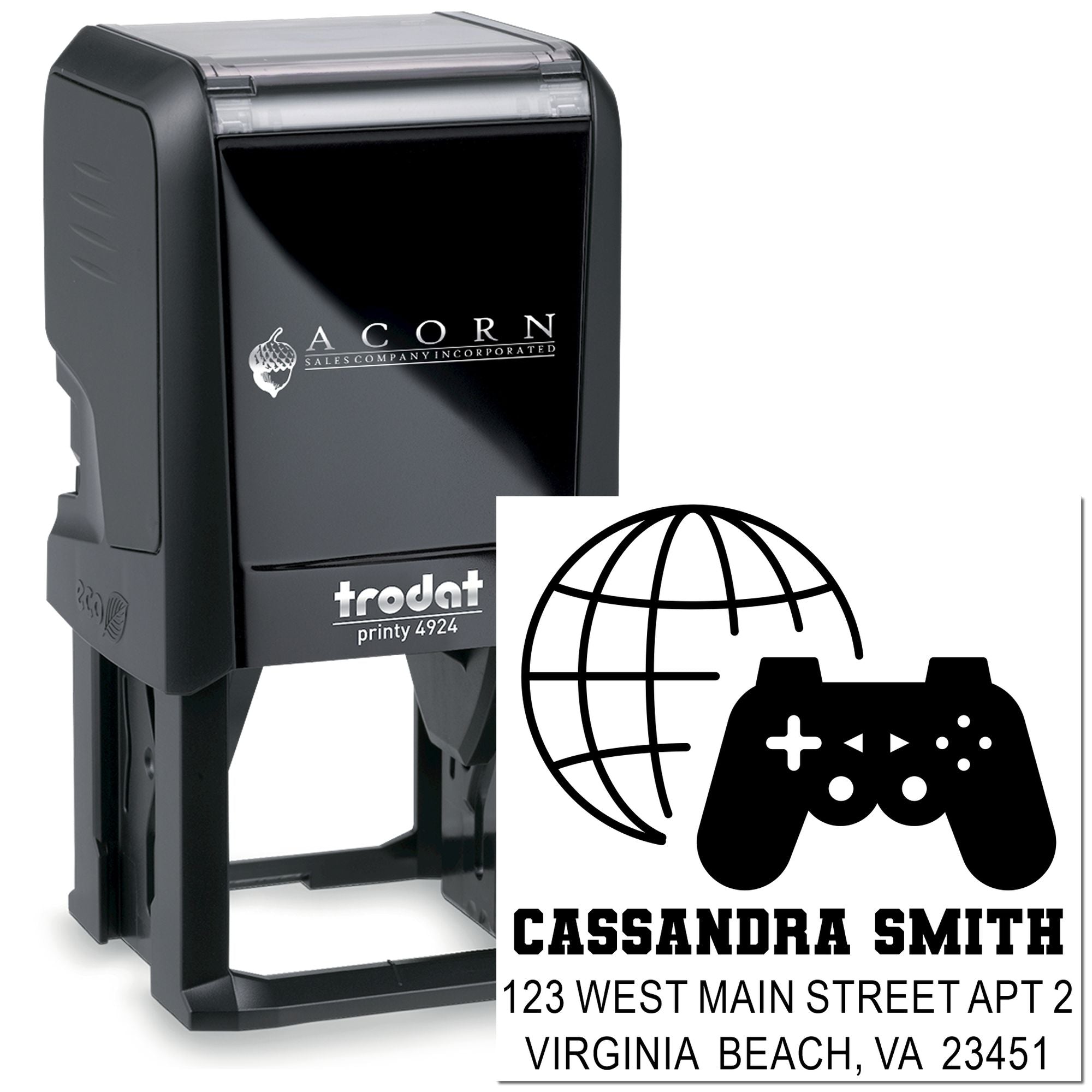 Custom self-inking return address stamp for Cassandra Smith with gaming globe logo and personalized address.