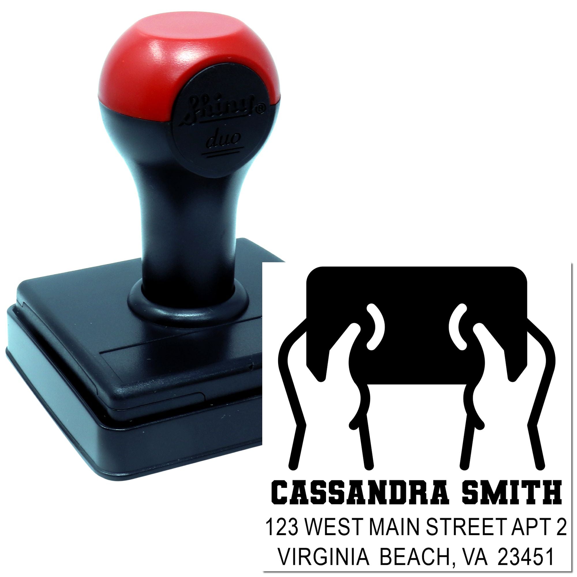 Personalized self-inking rubber address stamp with name, logo and Virginia Beach mailing address for envelopes and business mail