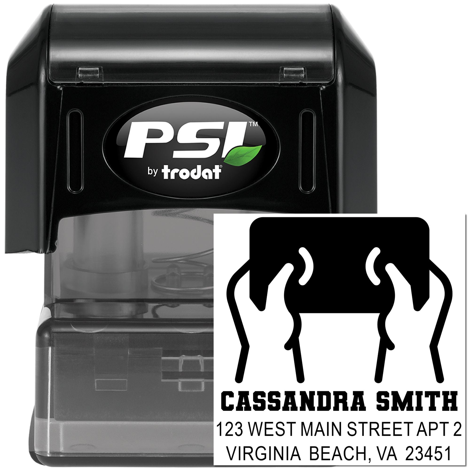 PSI by Trodat self-inking custom address rubber stamp with personalized name, logo, and Virginia Beach return address.