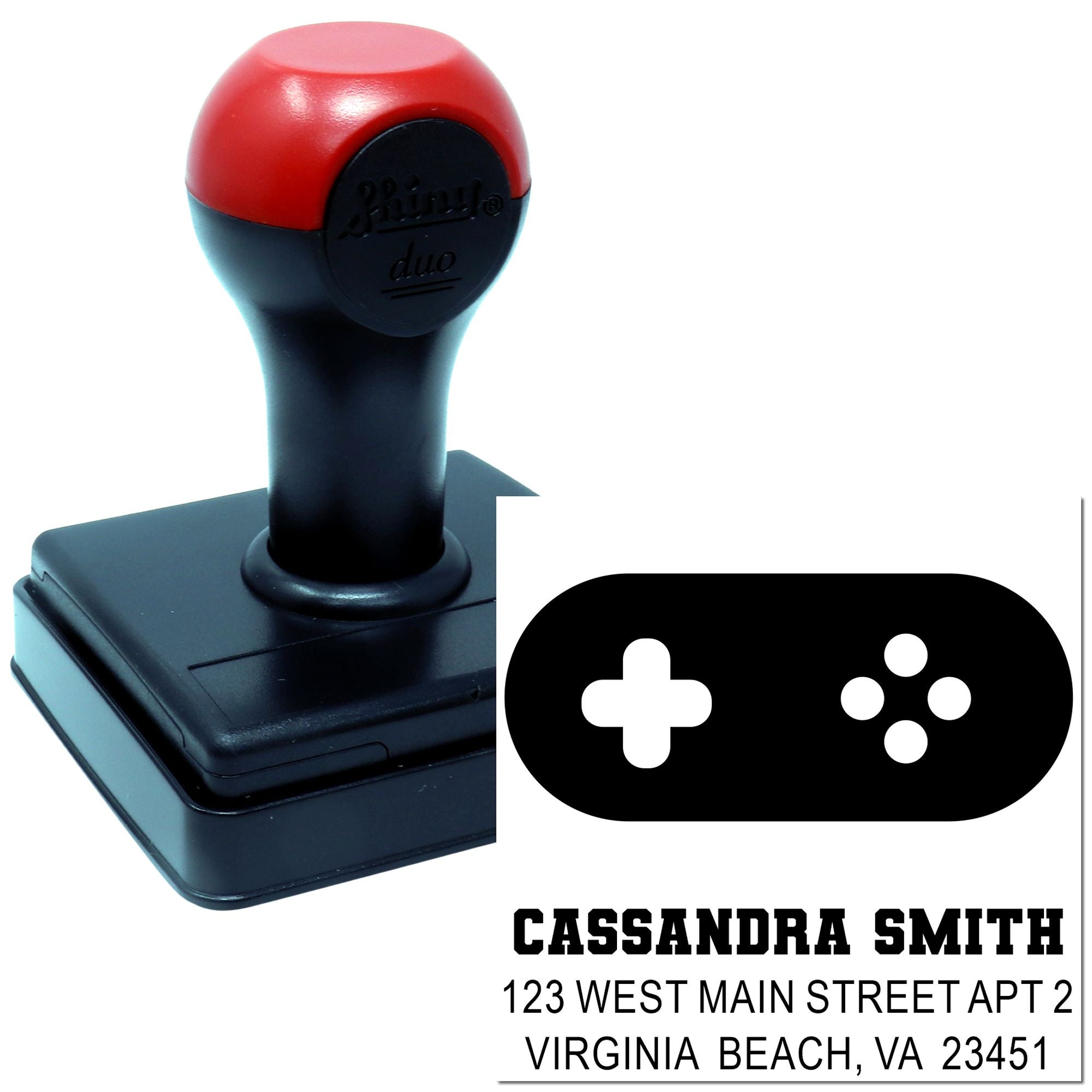 Custom self-inking rubber address stamp for Cassandra Smith with Virginia Beach, VA return address