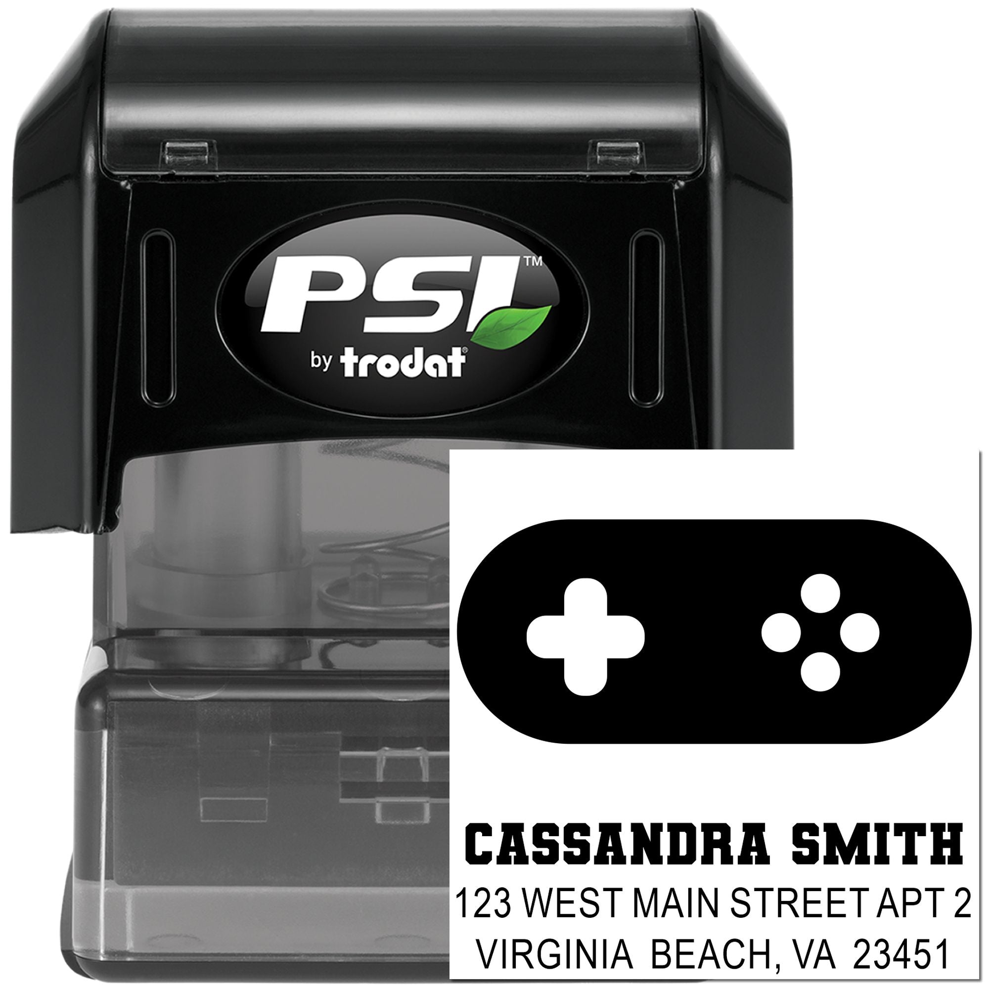Personalized self-inking rubber address stamp by PSI Trodat with custom name and Virginia Beach return address.