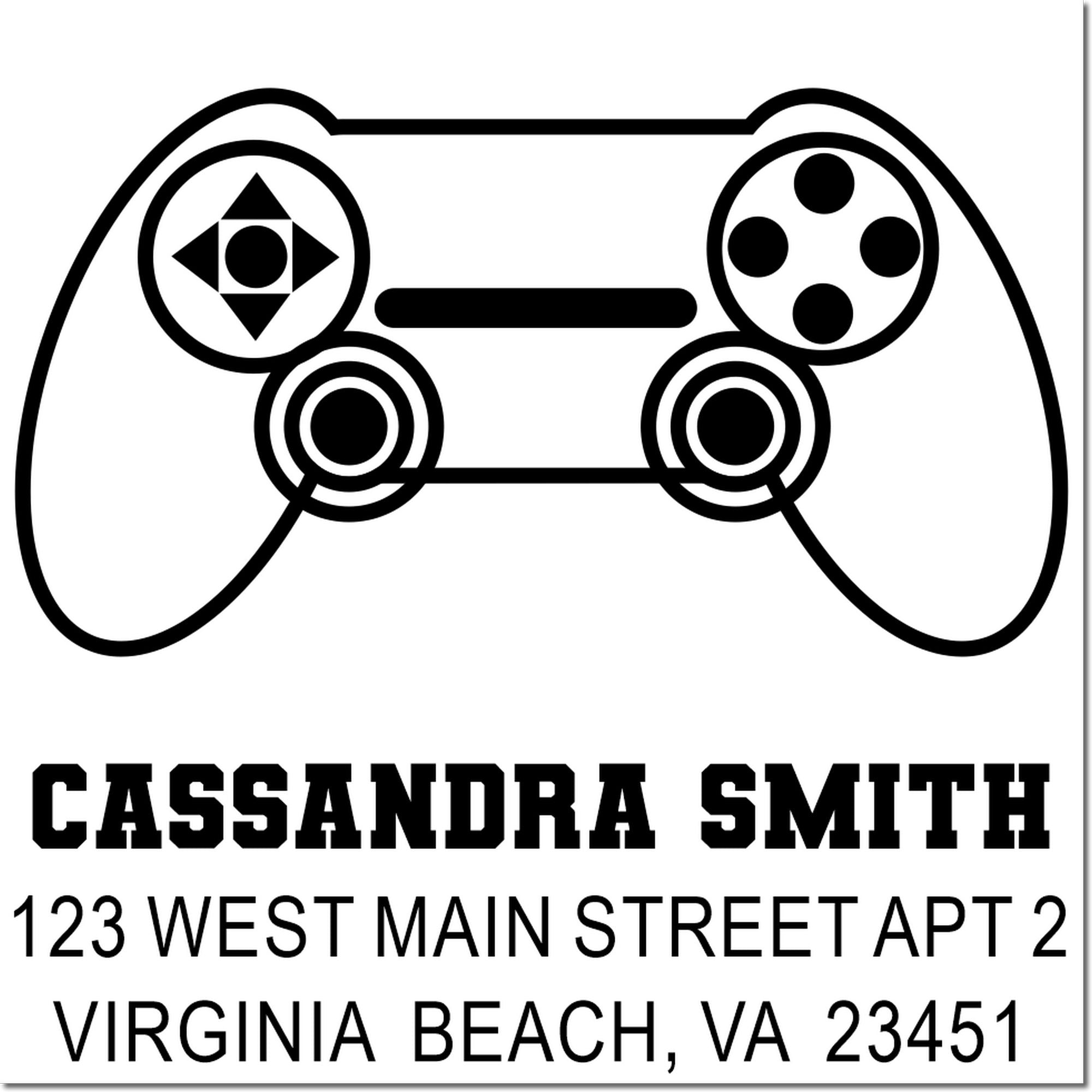 Custom gamer return address rubber stamp with controller icon for Cassandra Smith, Virginia Beach, VA.