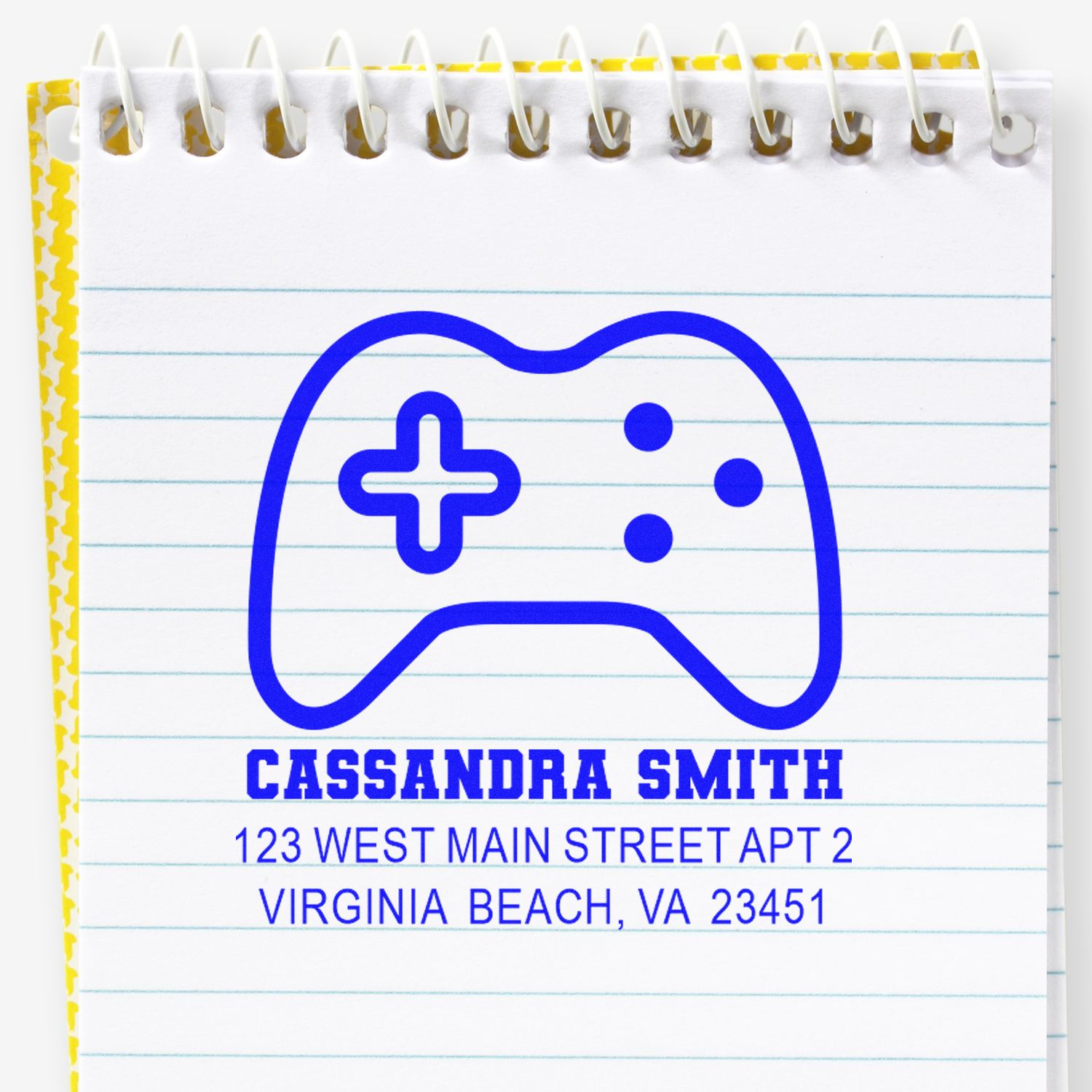 Custom rubber stamp with gamer controller icon and return address for Cassandra Smith, Virginia Beach, VA