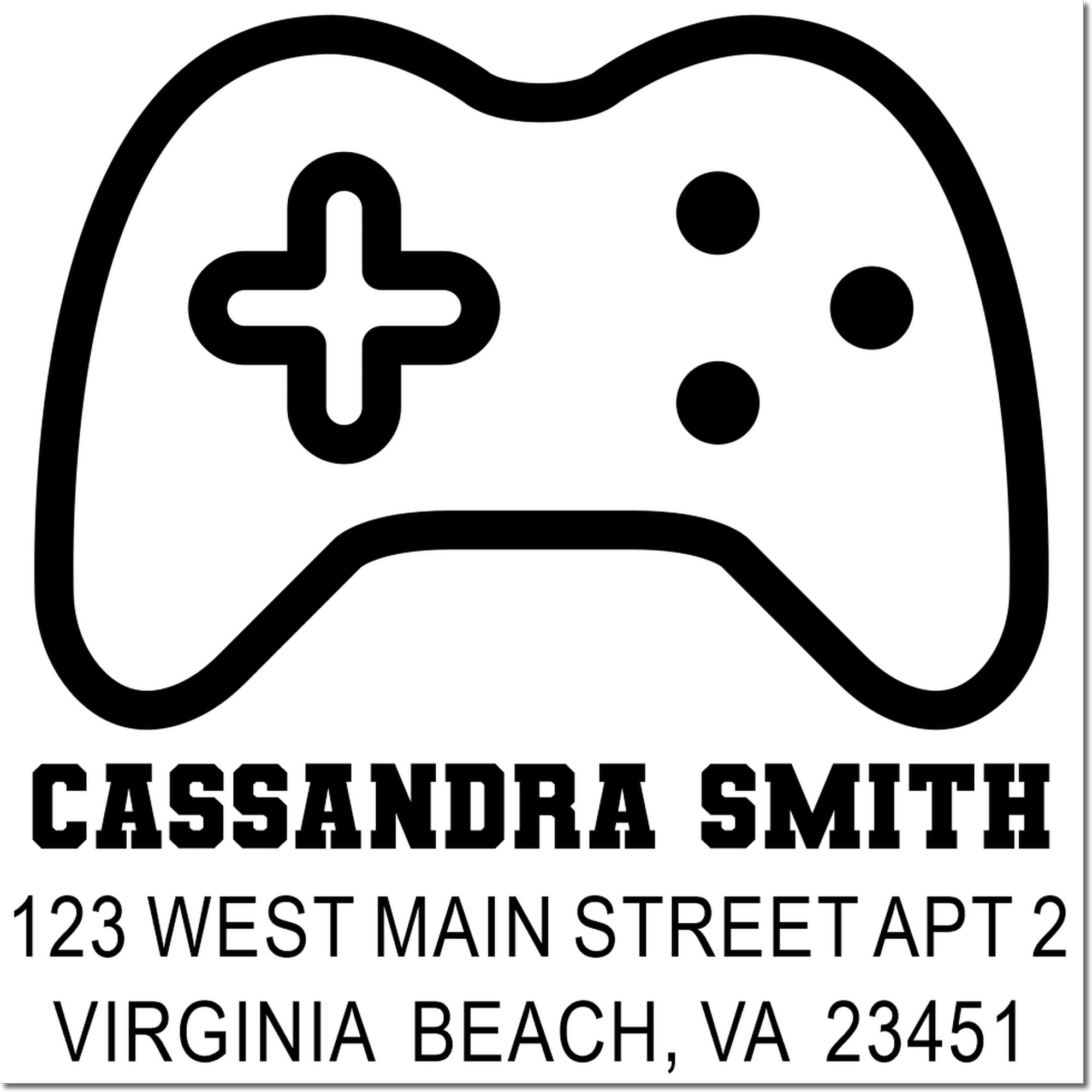 Personalized gamer address rubber stamp for Cassandra Smith, 123 West Main Street Apt 2, Virginia Beach, VA 23451.