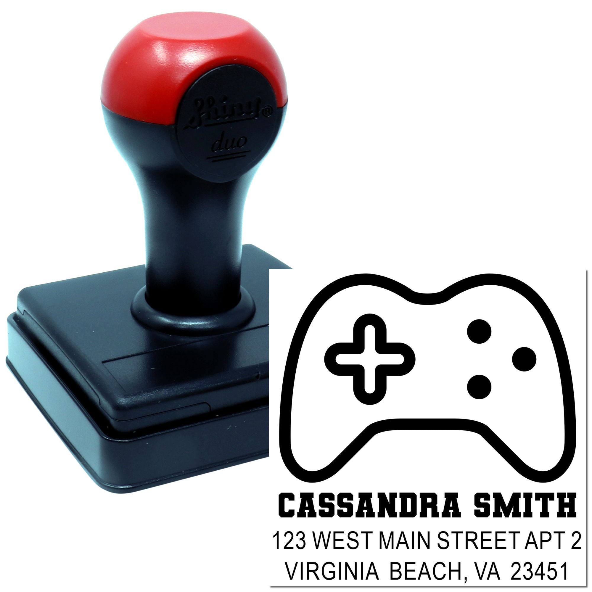 Custom gamer address stamp with self-inking rubber stamp design, name, and return mailing address.
