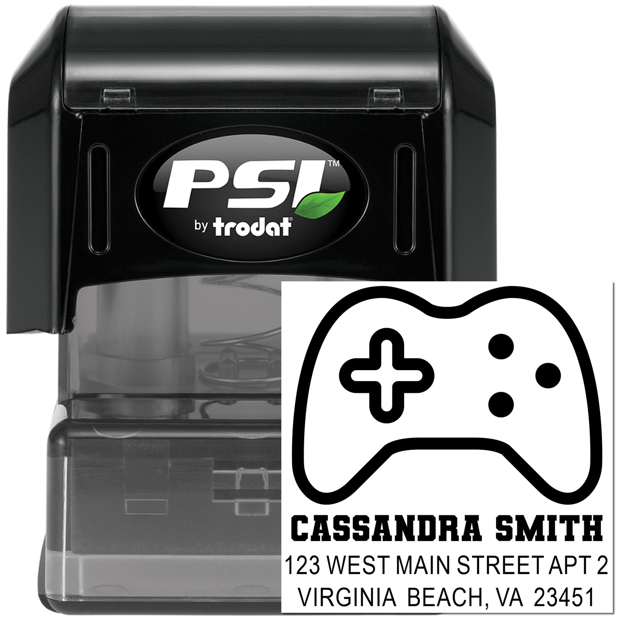 Custom self-inking rubber stamp with gamer controller icon, name, and Virginia Beach address for mailing.