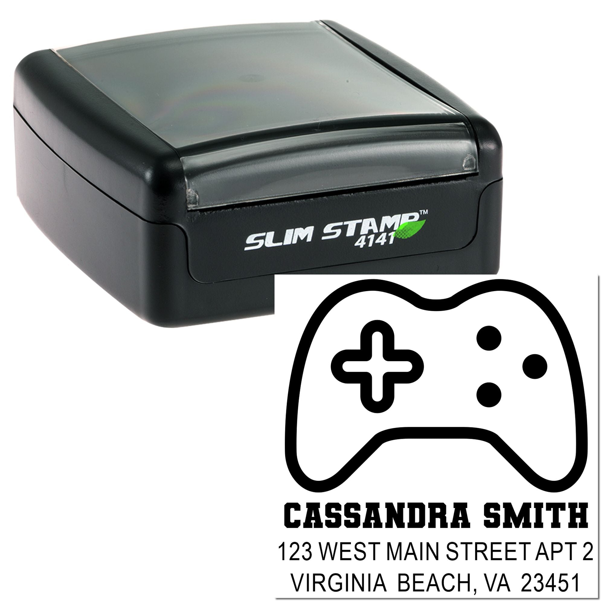 Custom self-inking rubber stamp with game controller design for return address labels, featuring Cassandra Smith in Virginia Beach.