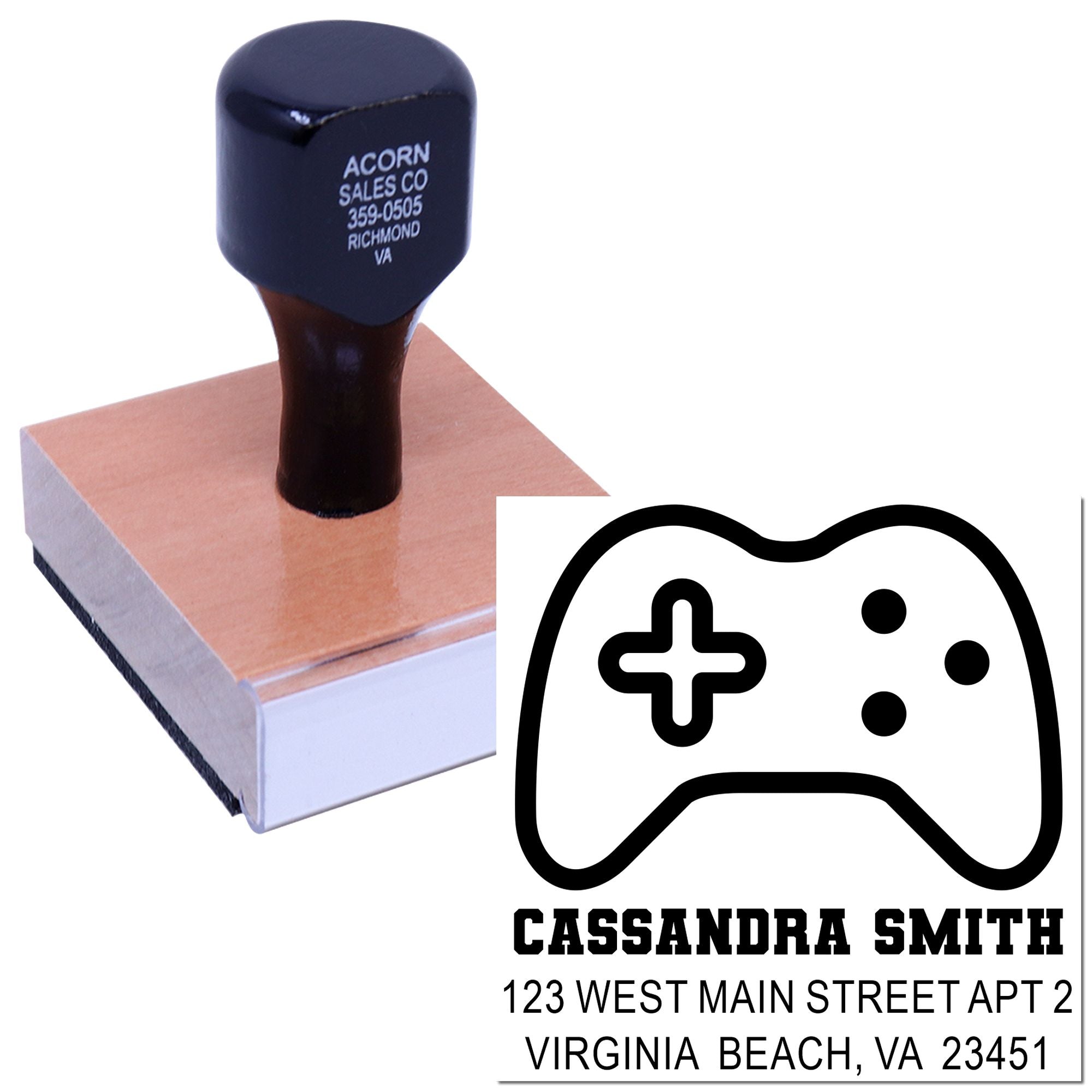 Custom gamer return address rubber stamp with personalized name and address for mailing labels.