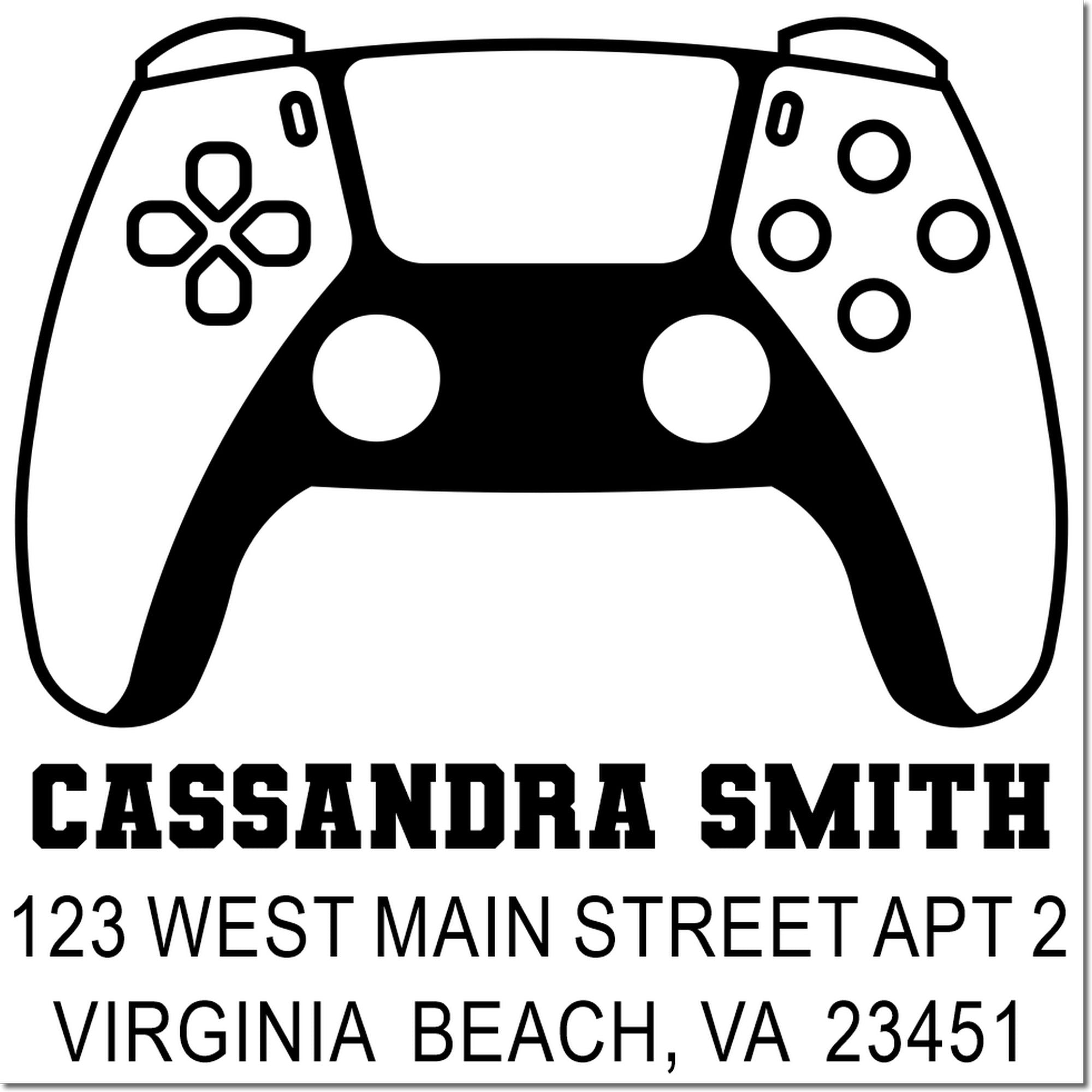 Custom return address rubber stamp with gaming controller icon for Cassandra Smith, Virginia Beach, VA 23451.